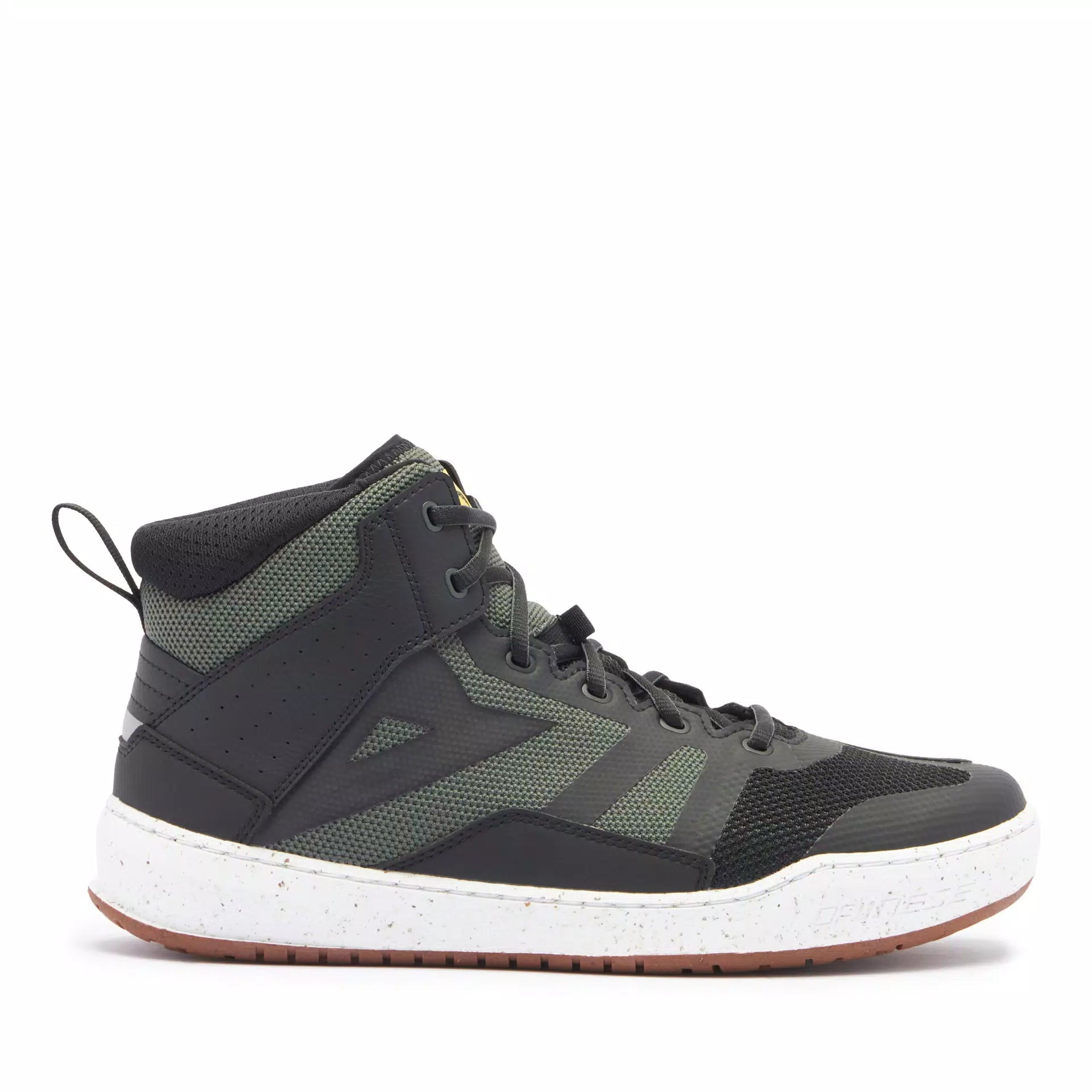 Dainese Suburb Air summer motorcycle shoes in black, white, and army green with breathable fabric and protective design.