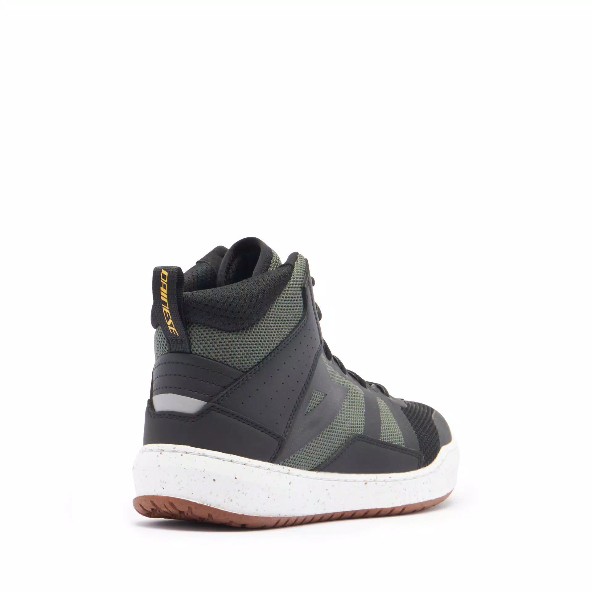 Dainese Suburb Air summer motorcycle shoes in black, white, and army green with breathable fabric and protective sole.