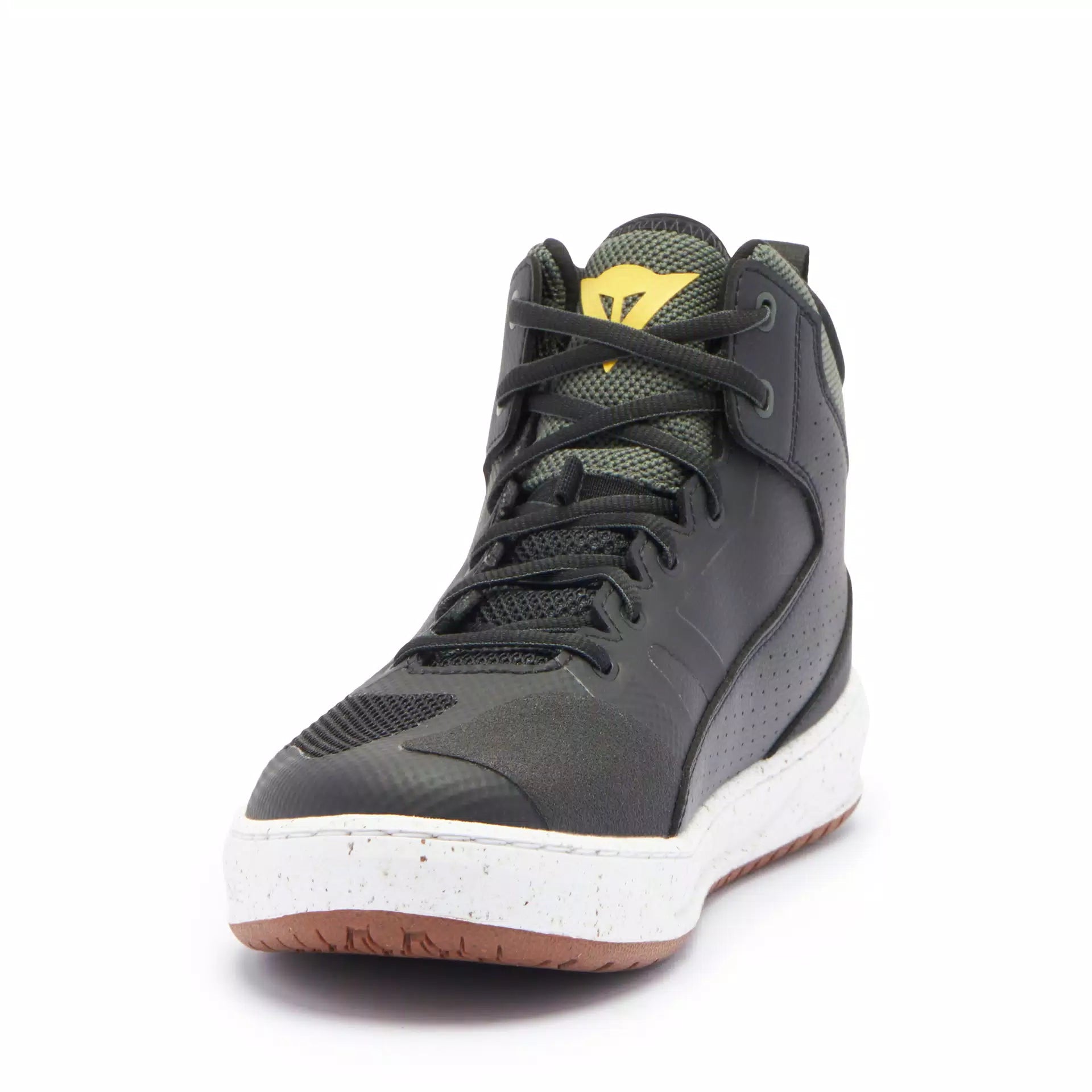 Dainese Suburb Air summer motorcycle shoes in black, white, and army green with breathable fabric and protective sole.