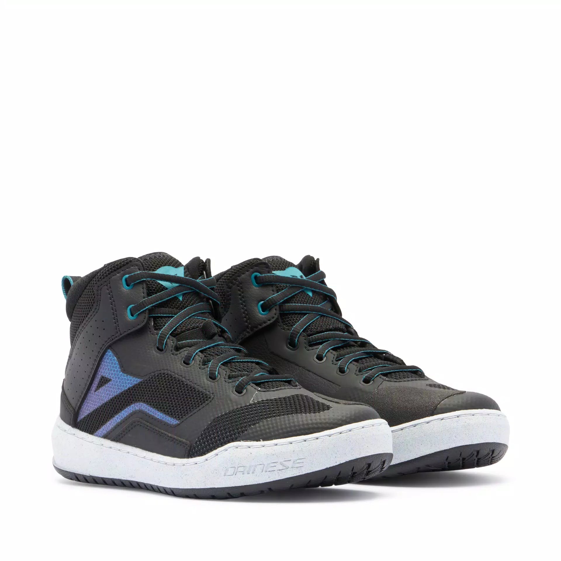 Dainese Suburb Air WMN women's summer motorcycle shoes in black, white, and harbor blue fabric with sporty design and ventilation.