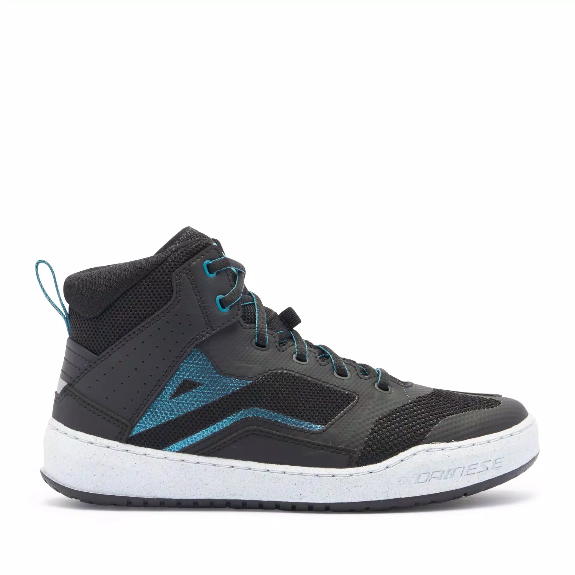 Dainese Suburb Air WMN women's summer motorcycle shoes in black, white, and harbor blue with breathable fabric and sporty design.