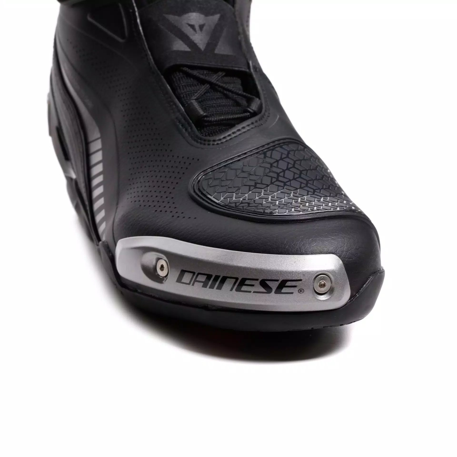 Dainese SuperYara black and anthracite racing motorcycle shoes with protective features and sleek design.