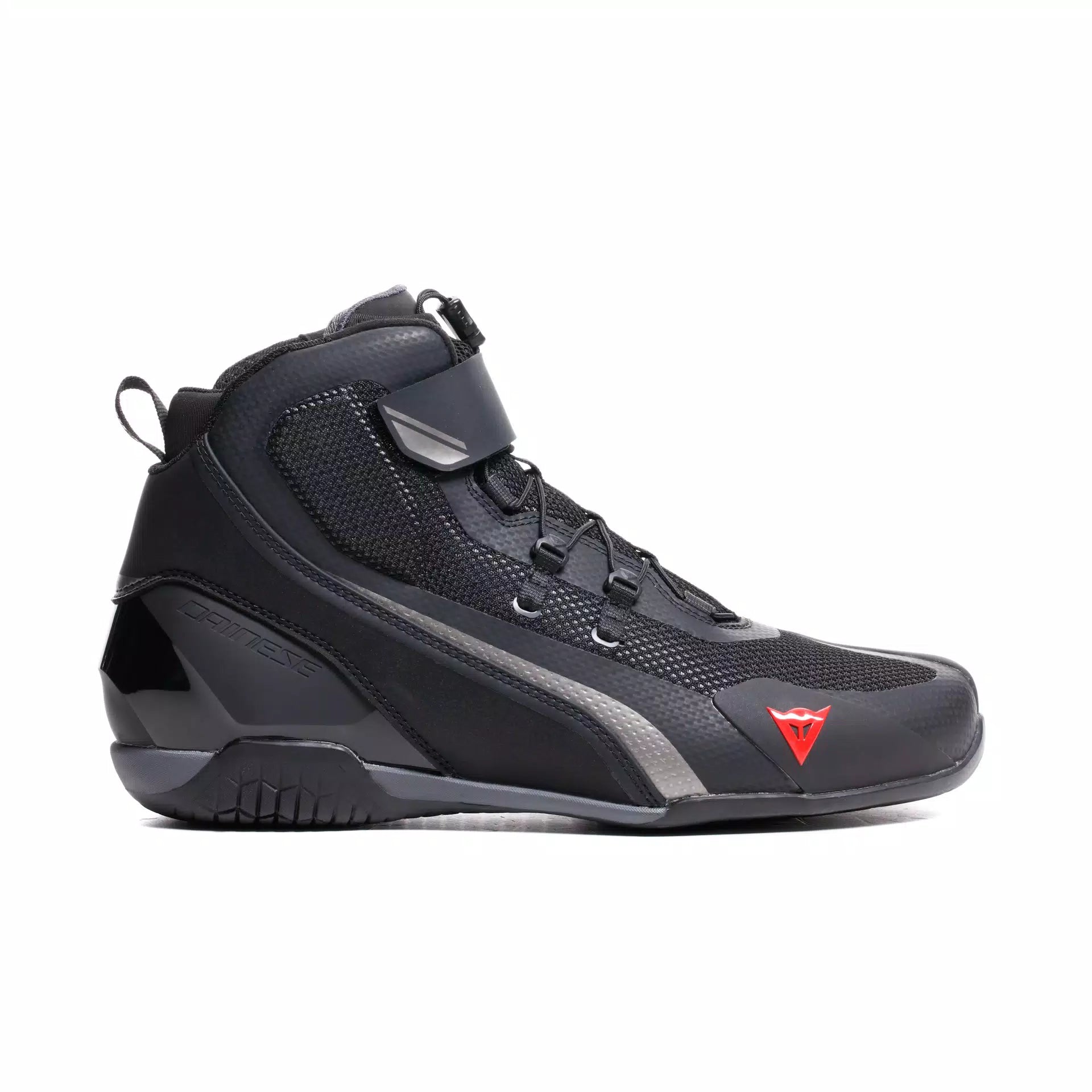 Dainese Herian Air black and anthracite racing motorcycle shoes for summer riding, showcasing their sleek design and protective features.