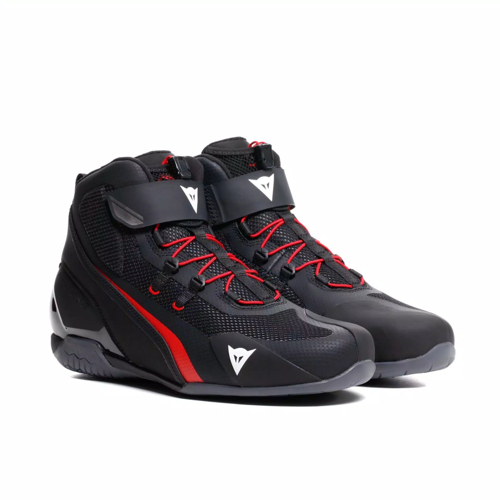 Dainese Herian Air racing motorcycle shoes in black and red lava with breathable design and racing sole for track riding.