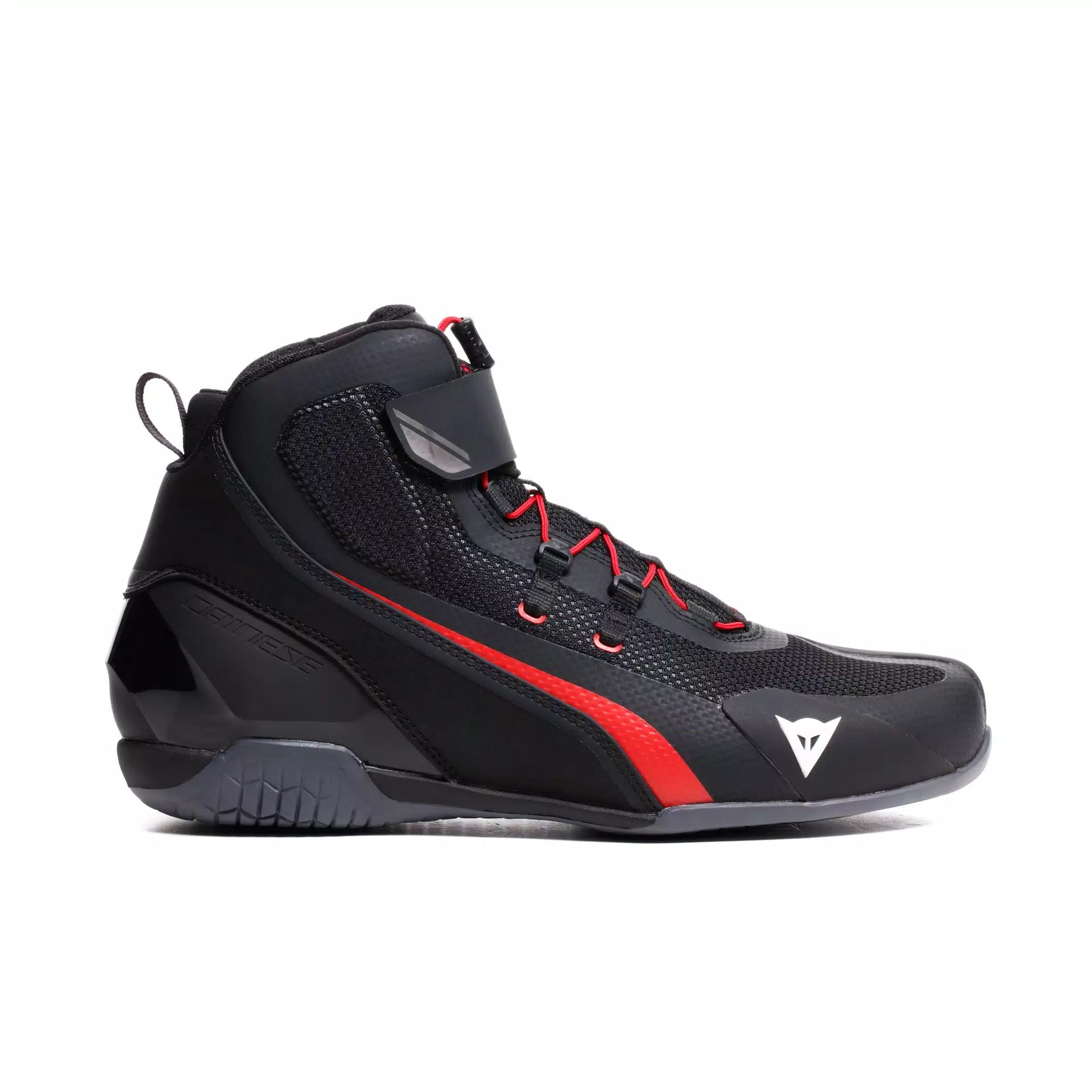 Dainese Herian Air racing motorcycle shoes in black and red lava with breathable design and protective features.