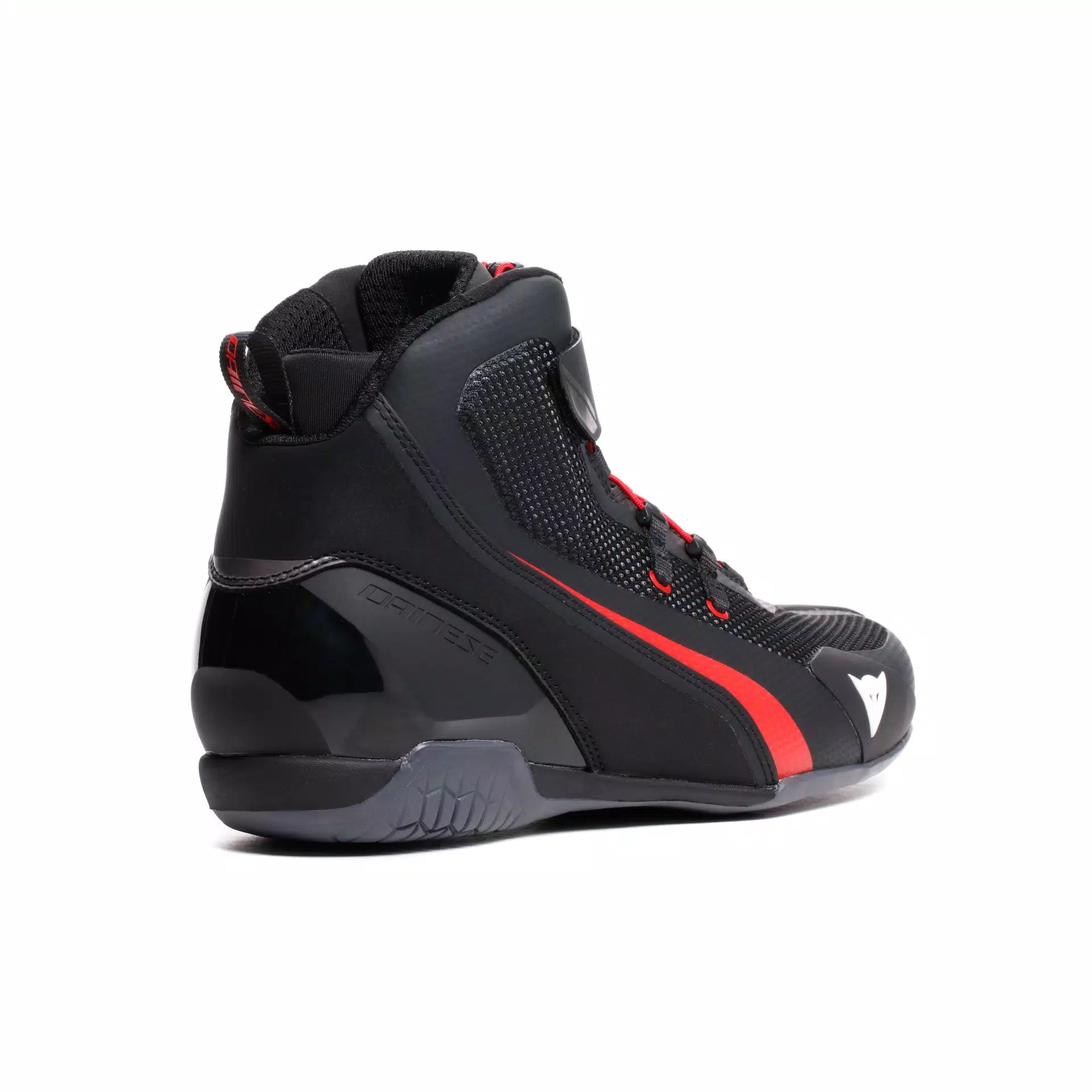 Dainese Herian Air racing motorcycle shoes in black and red lava with breathable design and racing style.