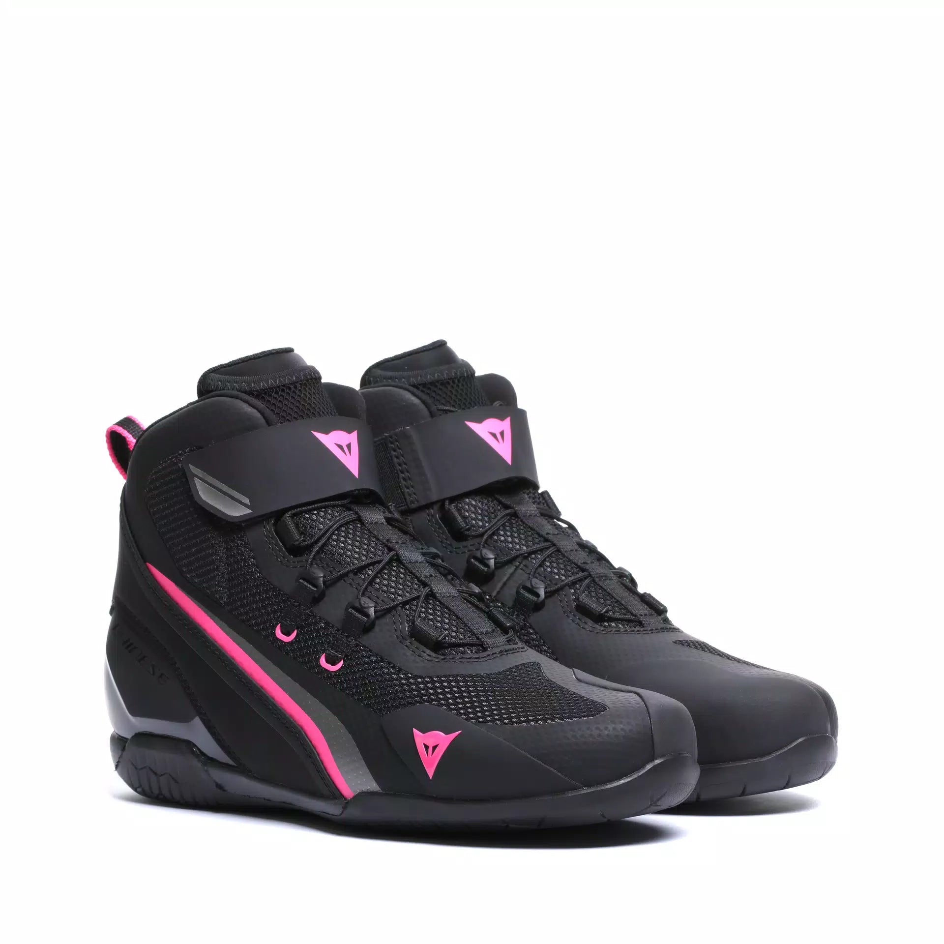 Dainese Herian Air women's summer racing motorcycle shoes in black and fluorescent pink with breathable textile material