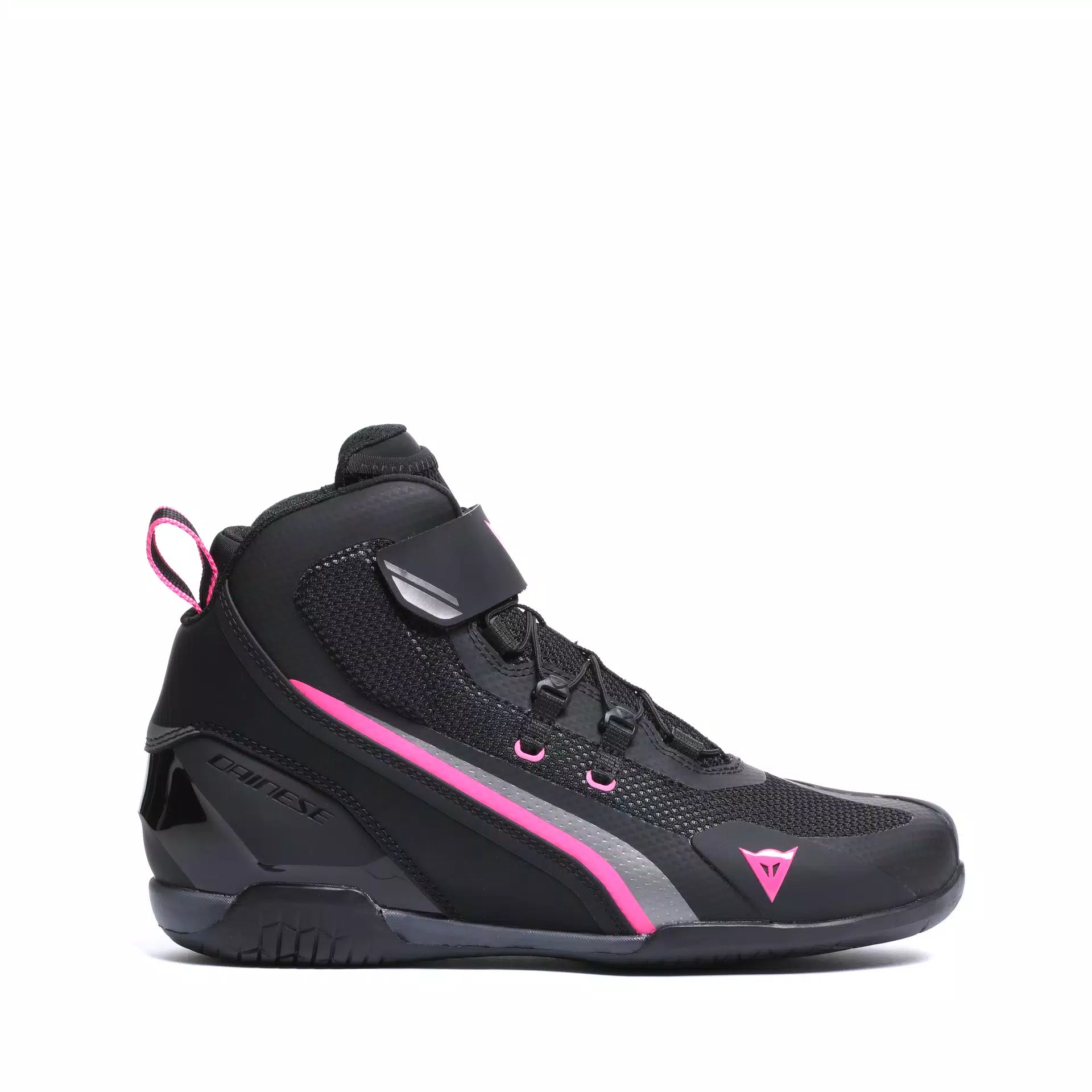 Dainese Herian Air women's riding shoes in black and fluorescent pink, made of breathable textile, designed for summer motorcycling.