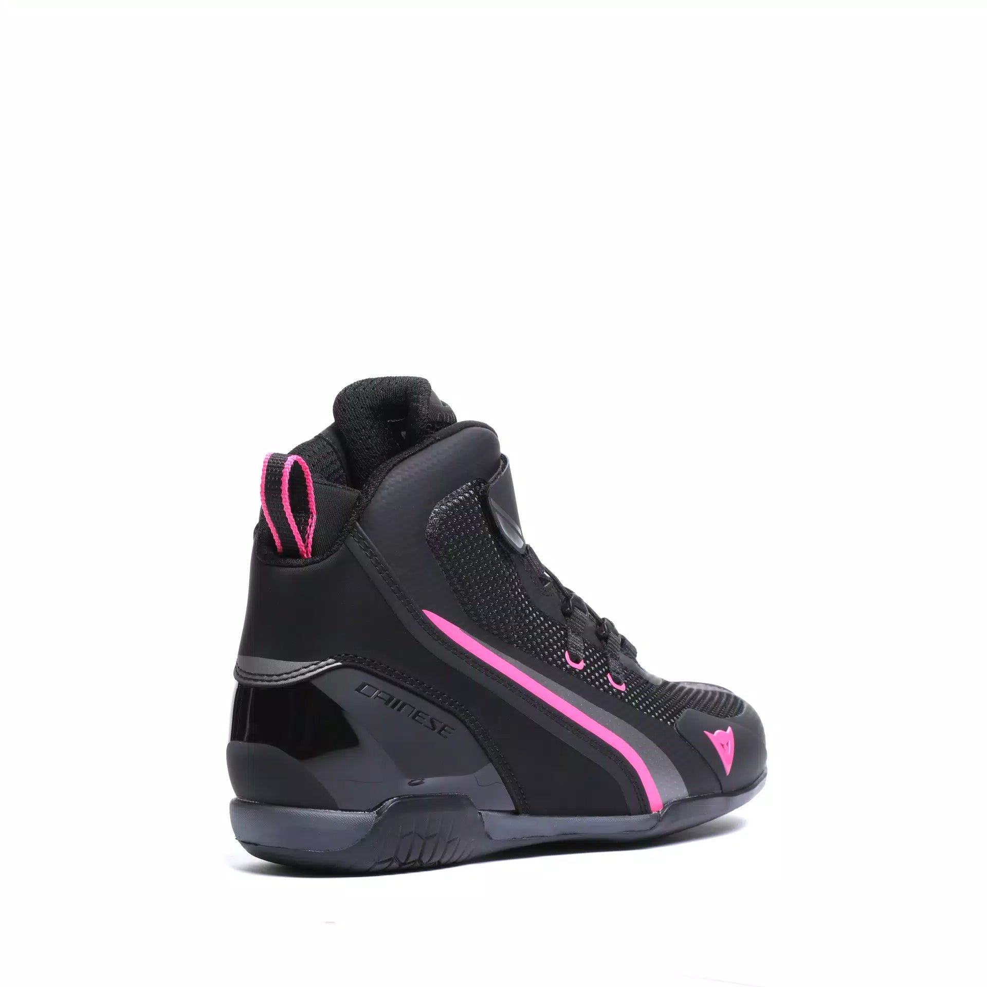 Dainese Herian Air women’s racing summer motorcycle shoes in black and fluorescent pink fabric with racing design.