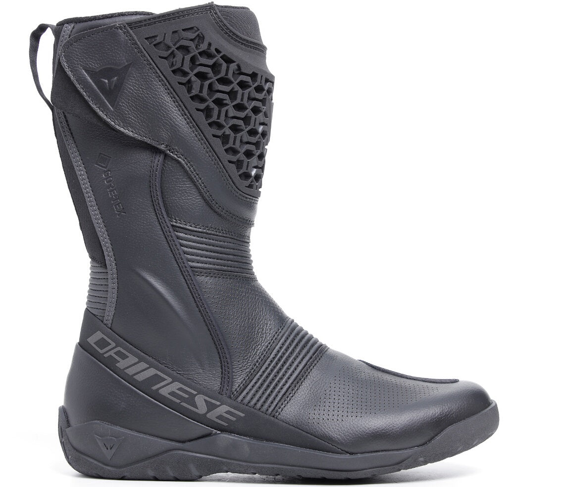 Black Dainese Fulcrum 3 Gore-Tex motorcycle boots with waterproof design and reinforced soles, shown from the front angle.