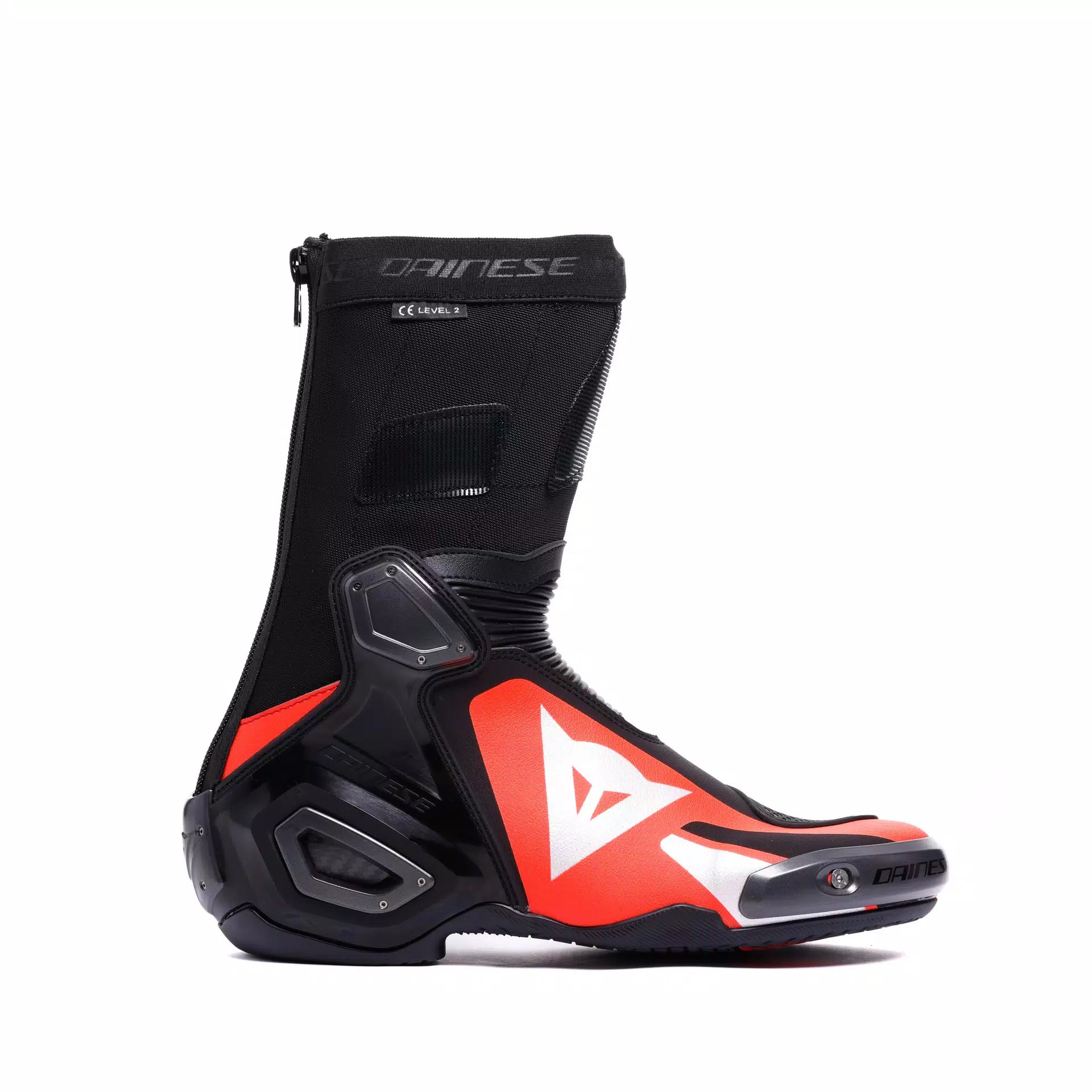 Black and red Dainese Axial 2 racing motorcycle boots with protective design and sleek racing style.