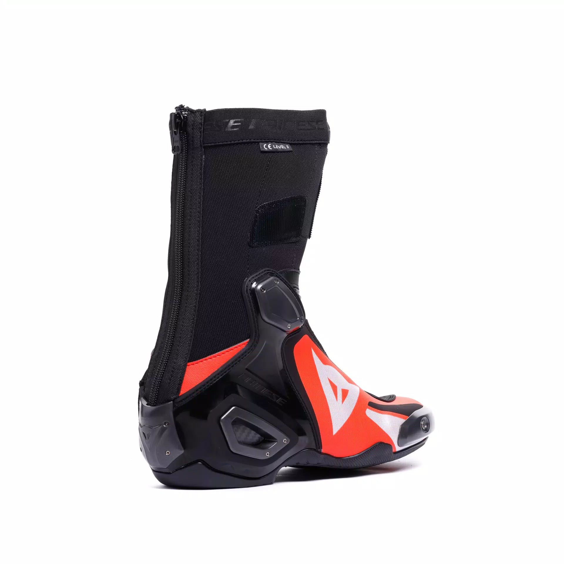 Dainese Axial 2 racing motorcycle boots in black and red fluoro, featuring protective armor and sleek design for high-performance riding.