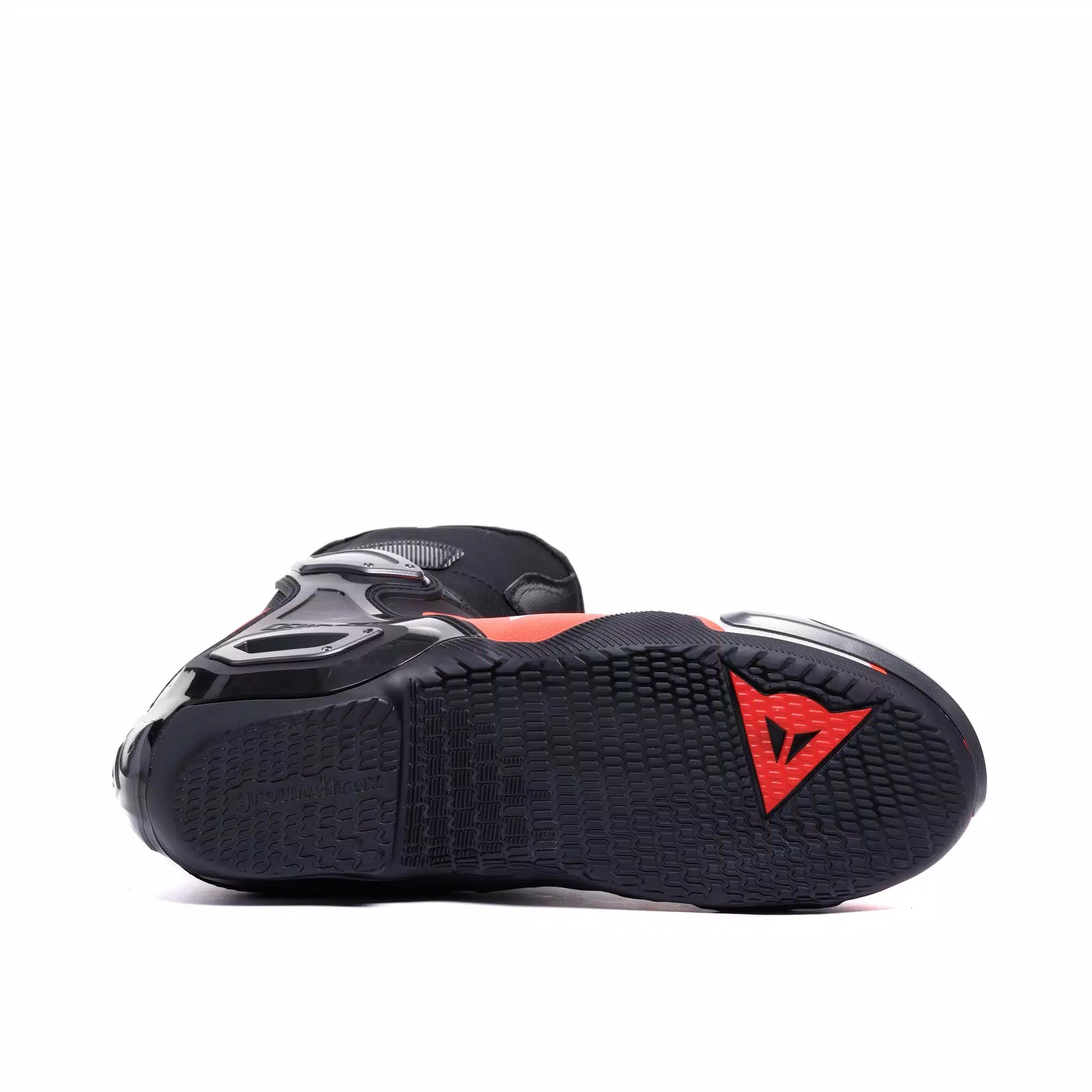 Dainese Axial 2 black and red fluorescent racing motorcycle boots with protective features and sturdy design.