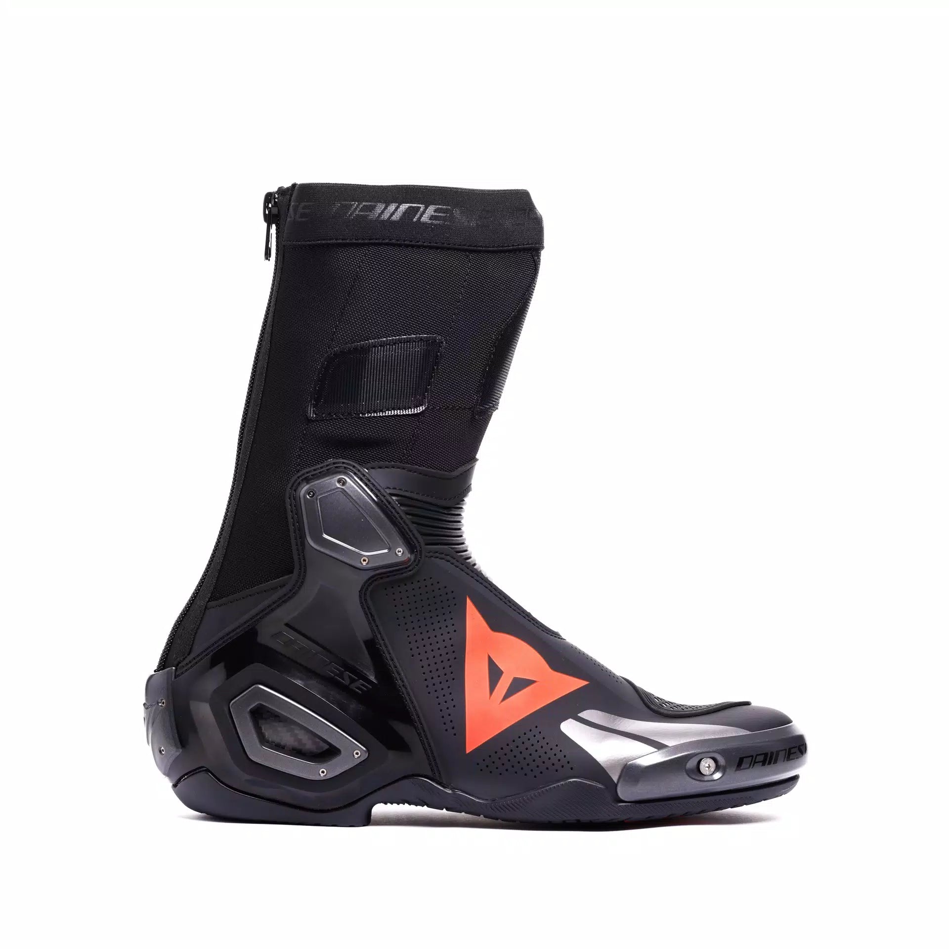DAINESE Axial 2 Air racing summer motorcycle boots in black and red, featuring protective design and breathable material.