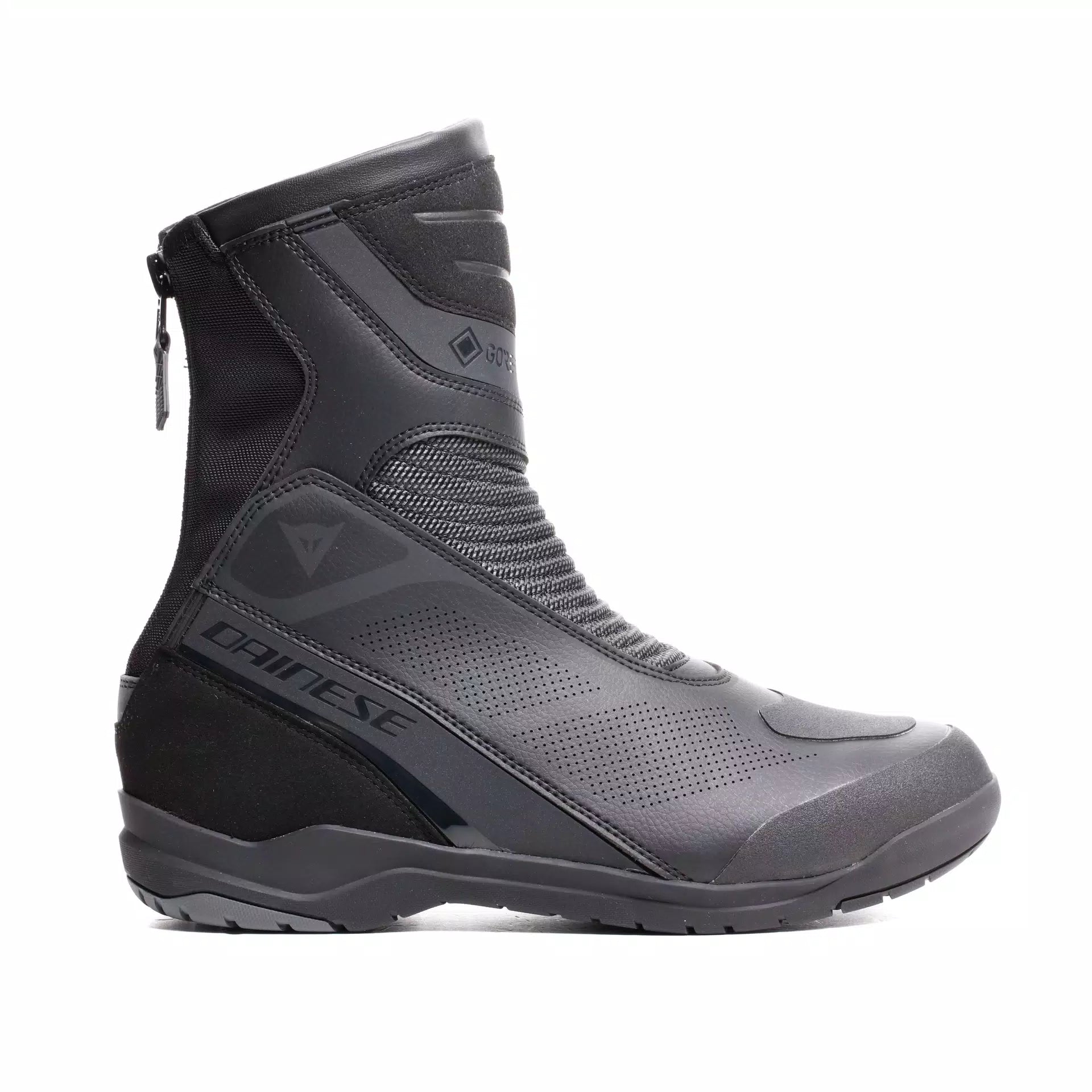 Black Dainese Gore-Tex motorcycle riding boots with waterproof design and sturdy construction.