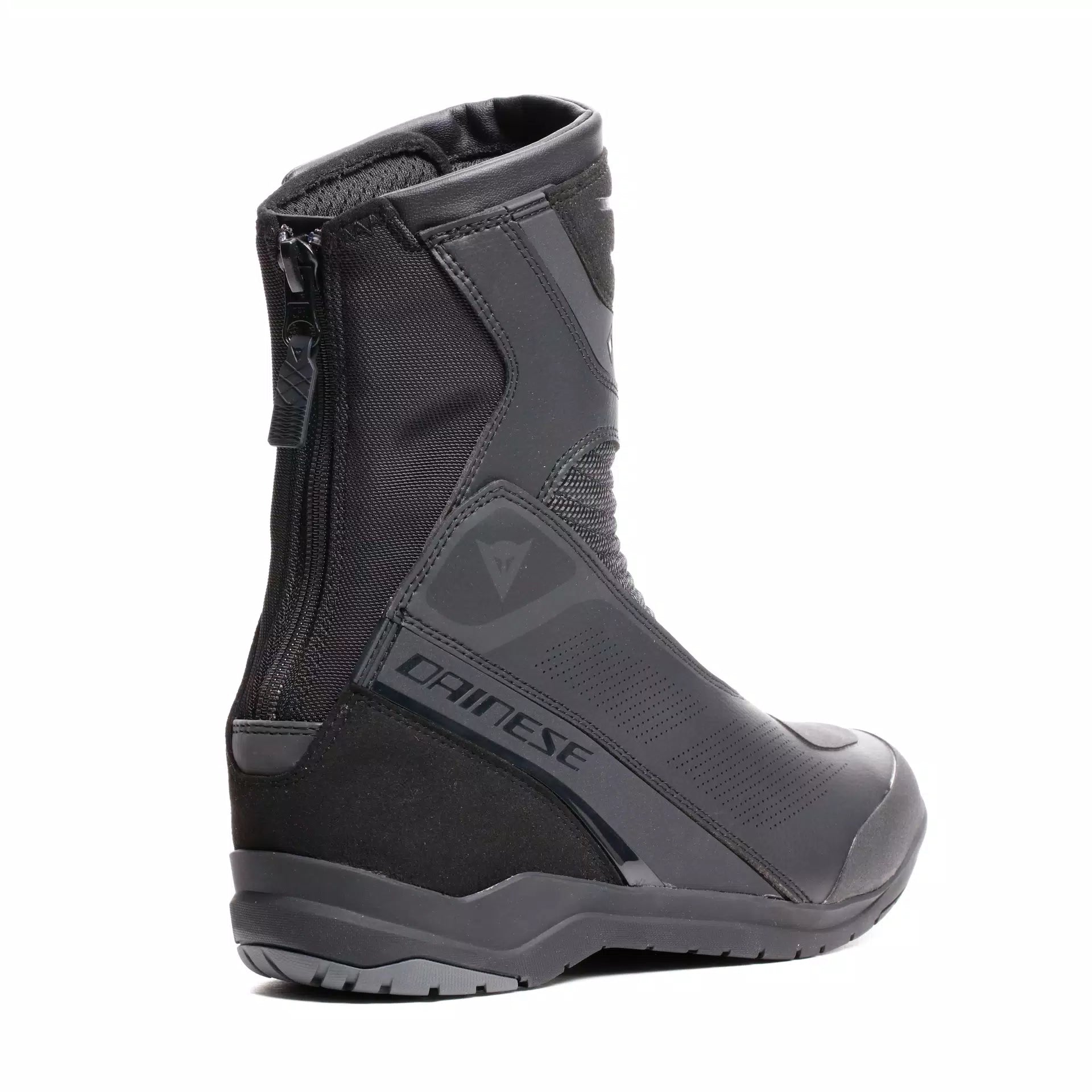 Black Dainese Gore-Tex motorcycle riding boots with waterproof design and protective features, shown in a close-up image.