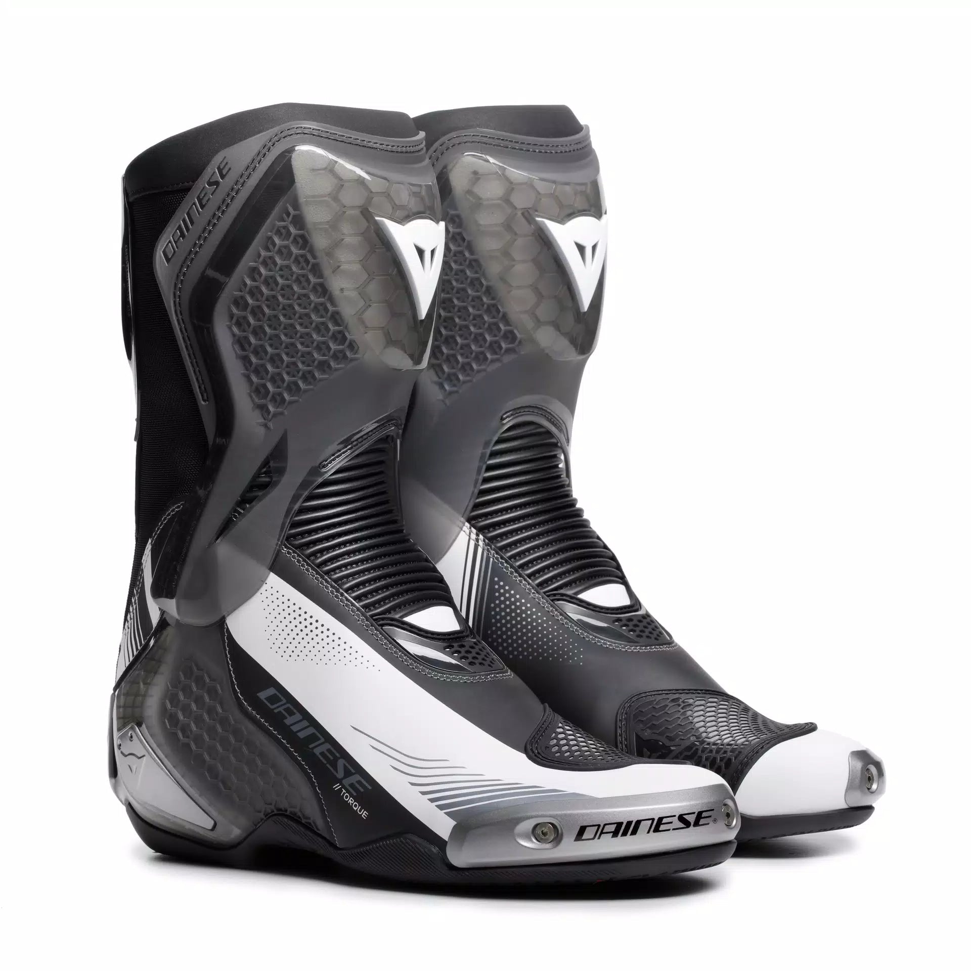 Dainese Torque 4 S black and white racing motorcycle boots with protective armor and sleek design.