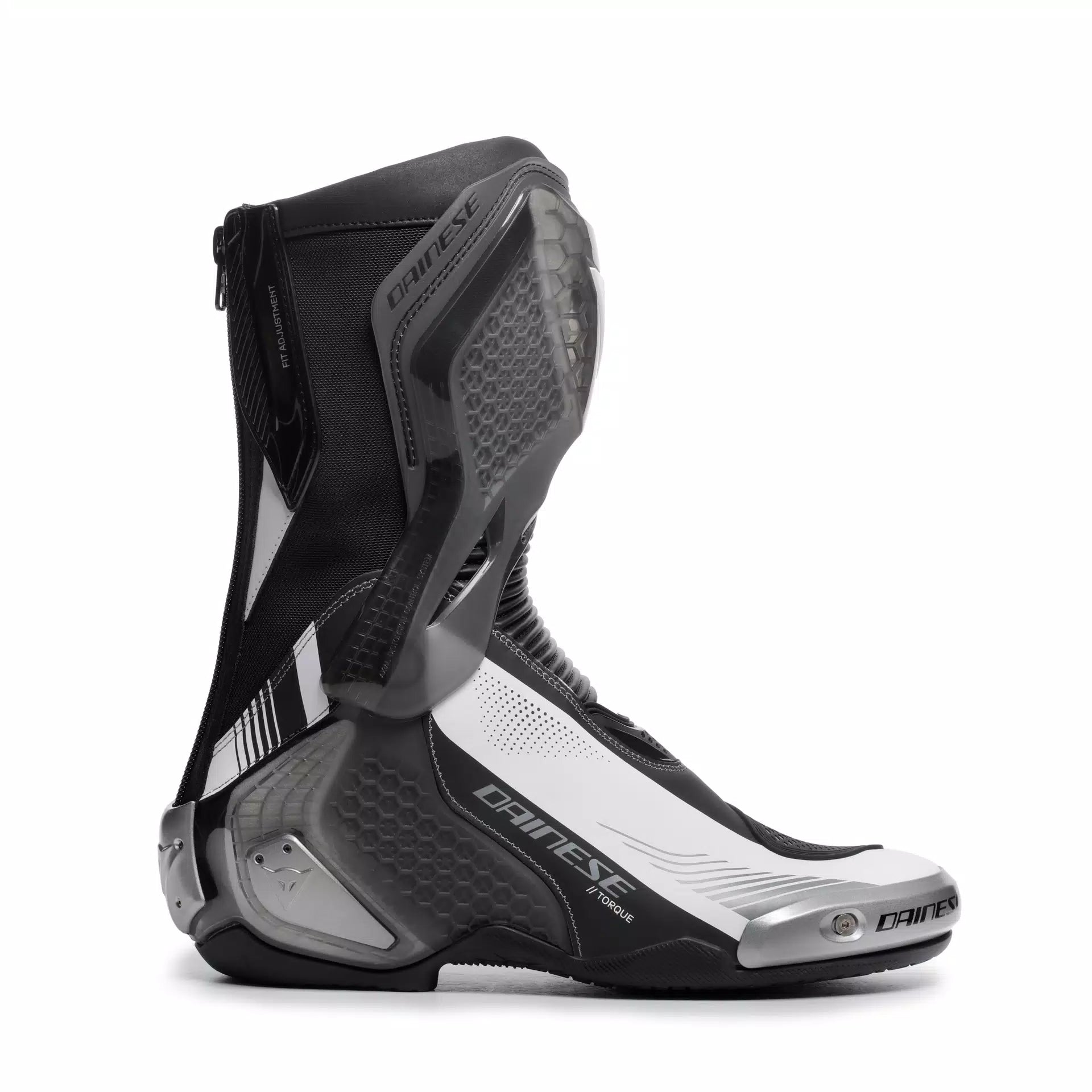 Dainese Torque 4 S black and white racing motorcycle boots, durable riding gear with protective features.