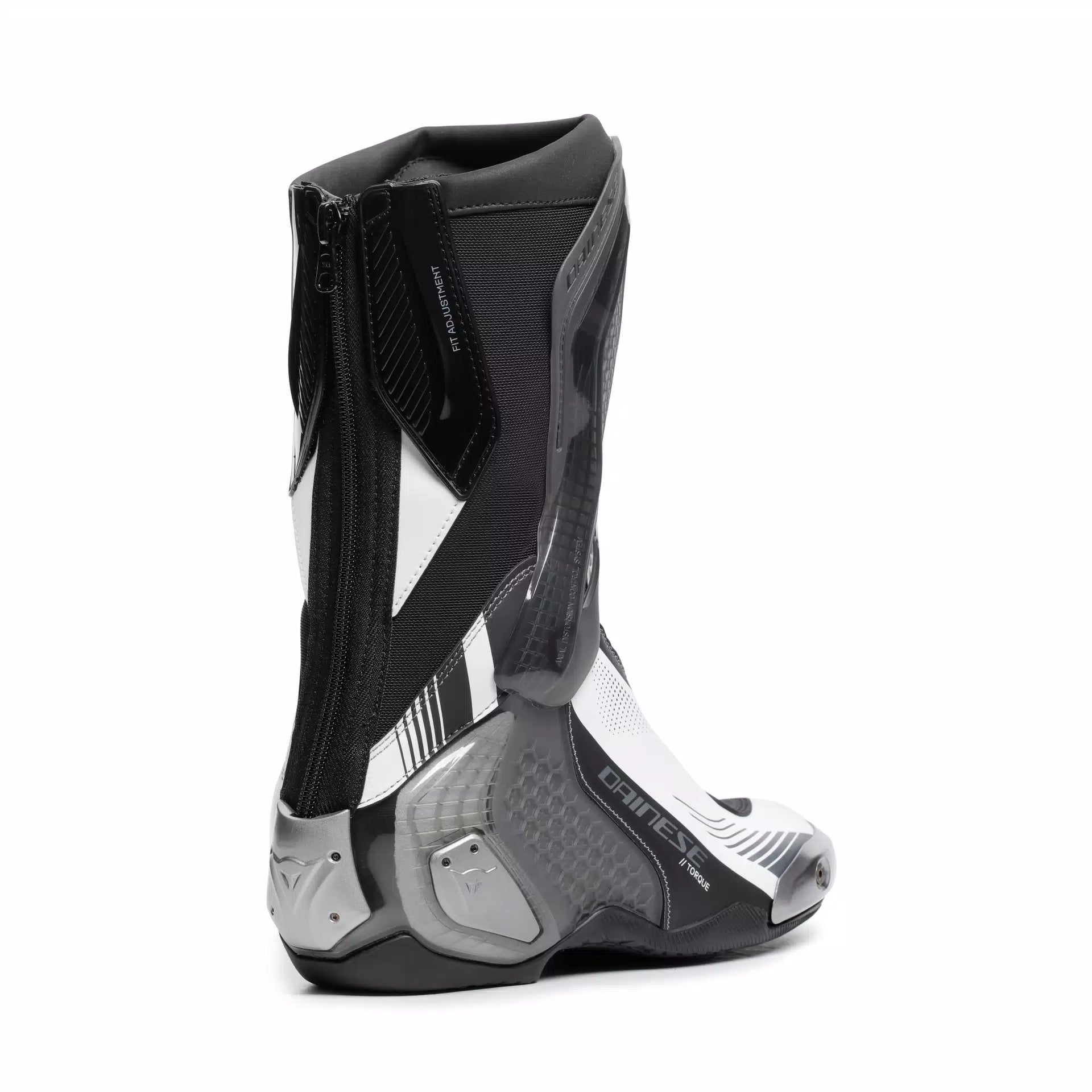 Black and white Dainese Torque 4 S racing motorcycle boots with protective features and racing design.