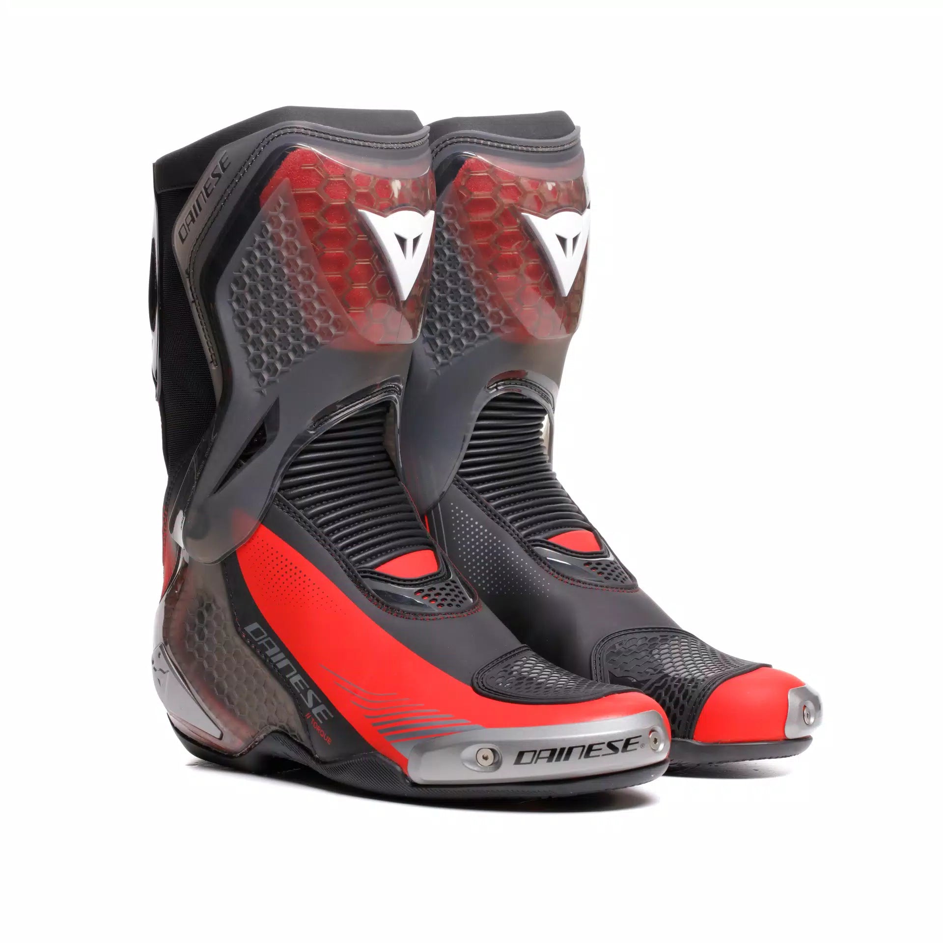Dainese Torque 4 S black and red lava motorcycle racing boots, close-up view showing design and protective features