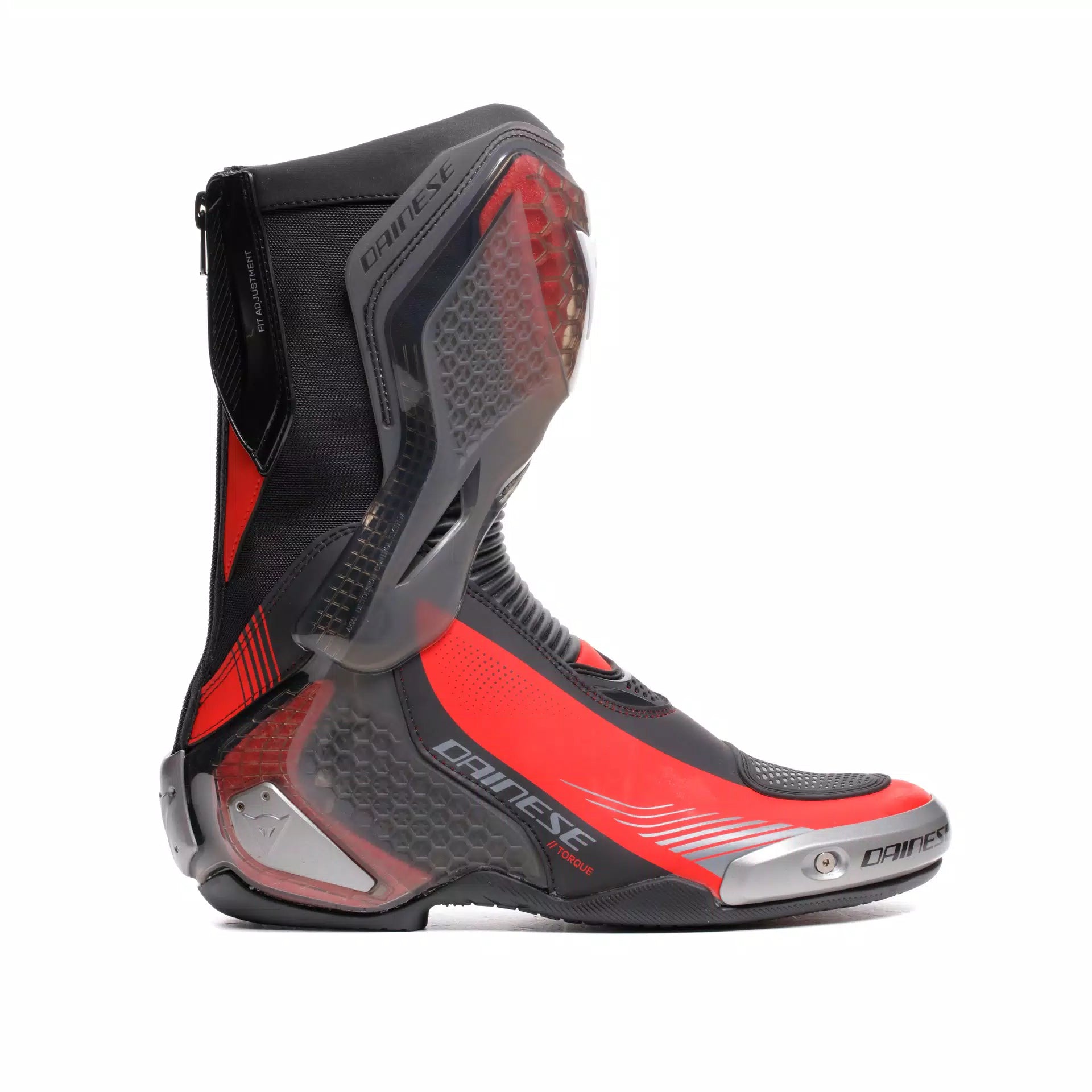 Dainese Torque 4 S black and red lava racing motorcycle boots with protective design and racing style.