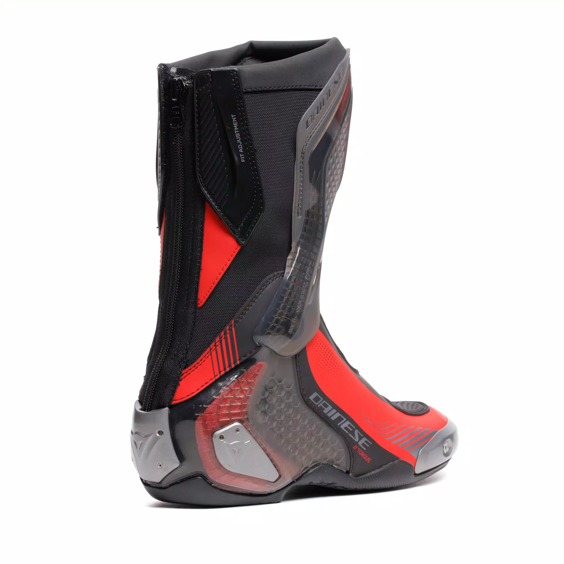 Dainese Torque 4 S black and red racing motorcycle boots with protective design and sturdy construction.