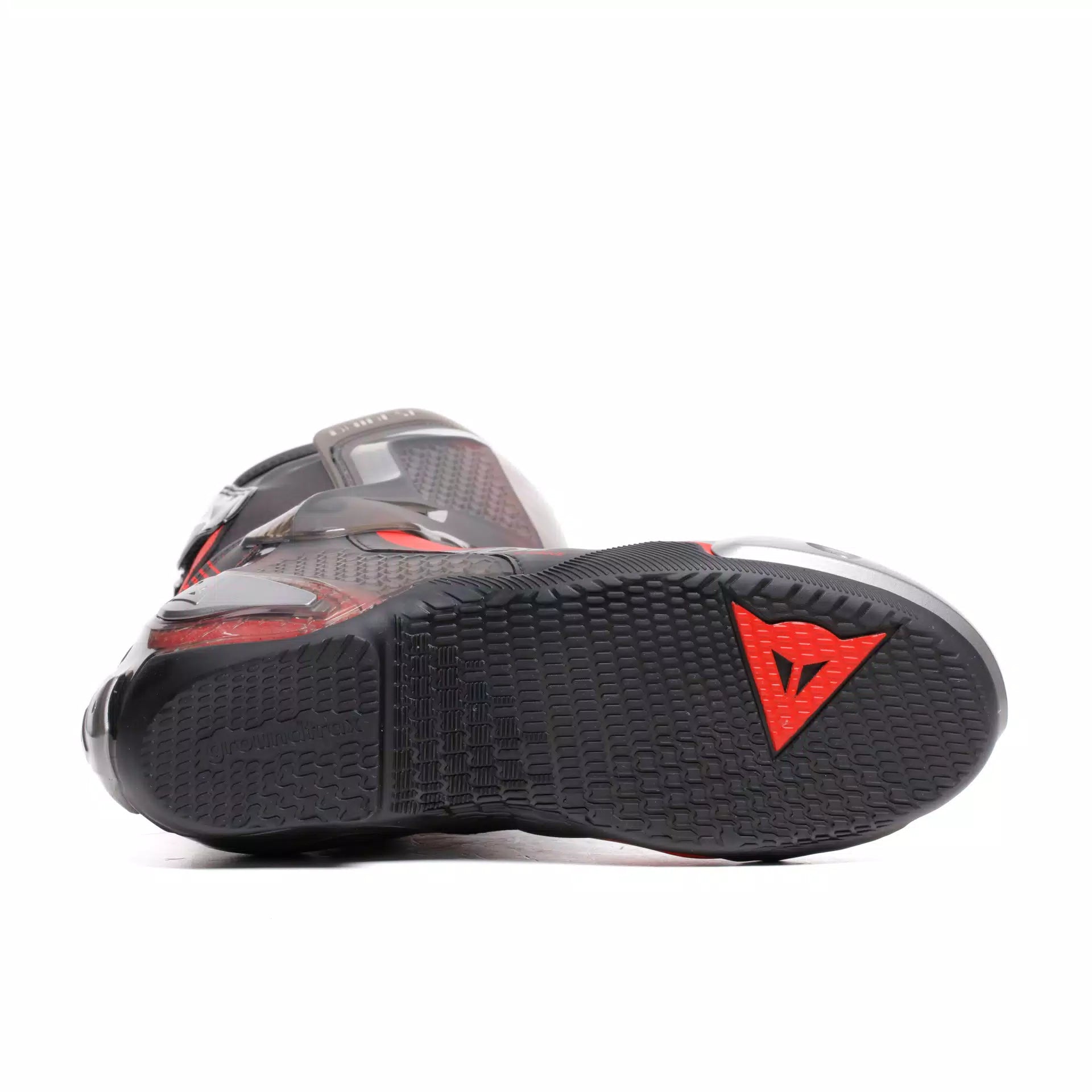 Dainese Torque 4 S black and red racing motorcycle boots with protective design and sturdy sole.