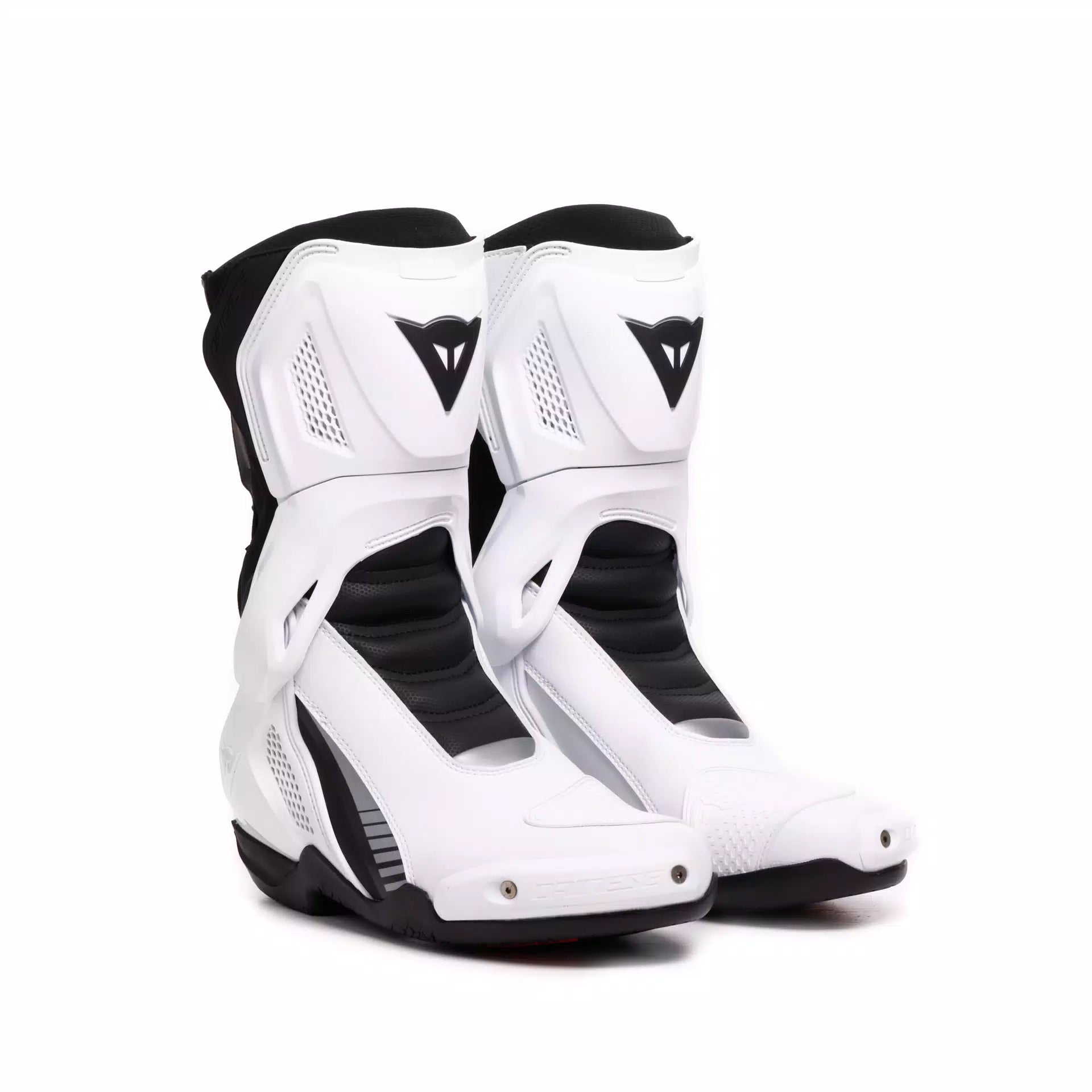 Dainese Nexus 3 black and white racing motorcycle boots with protective design and racing style.