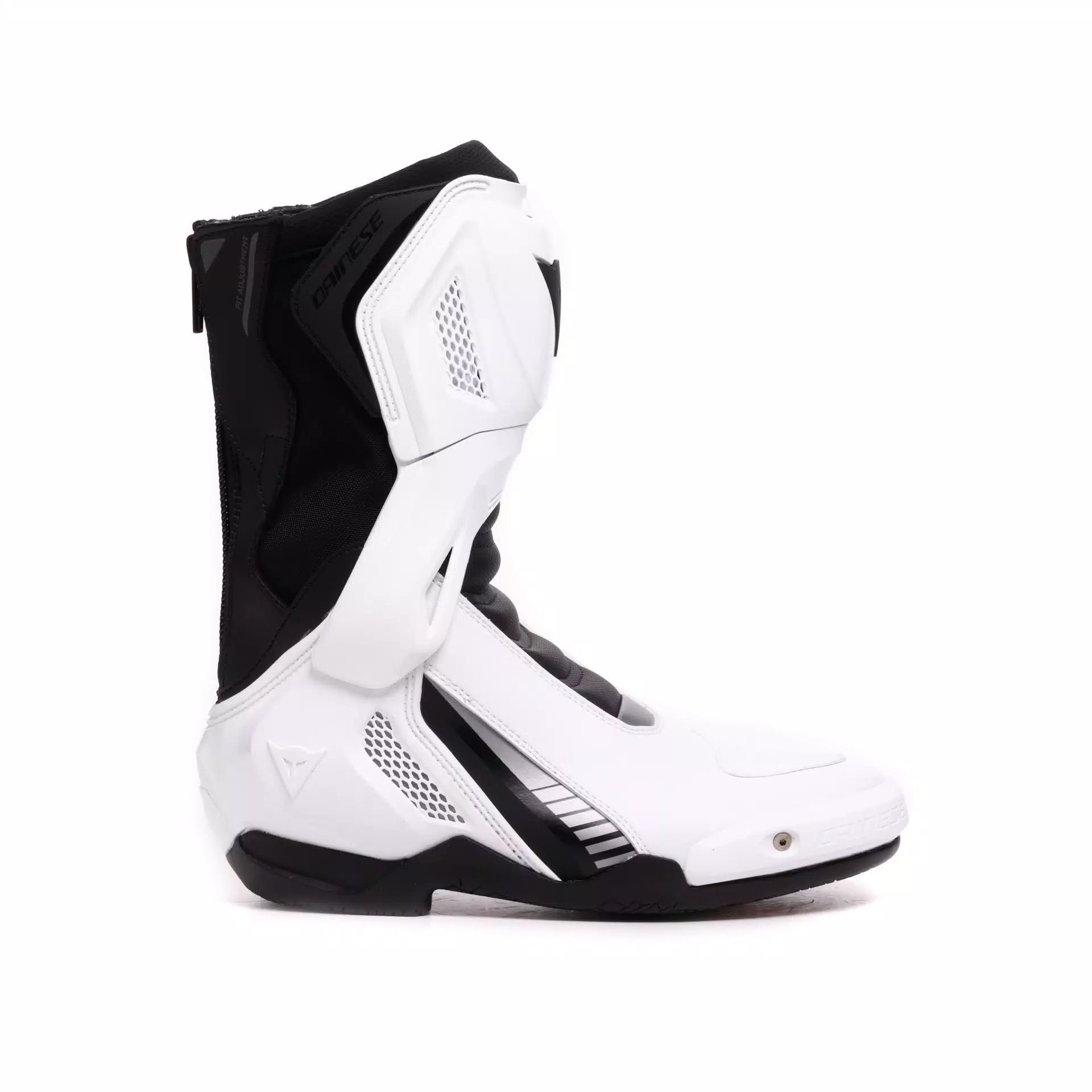 Black and white Dainese Nexus 3 motorcycle racing stivali da moto boots with protective design.