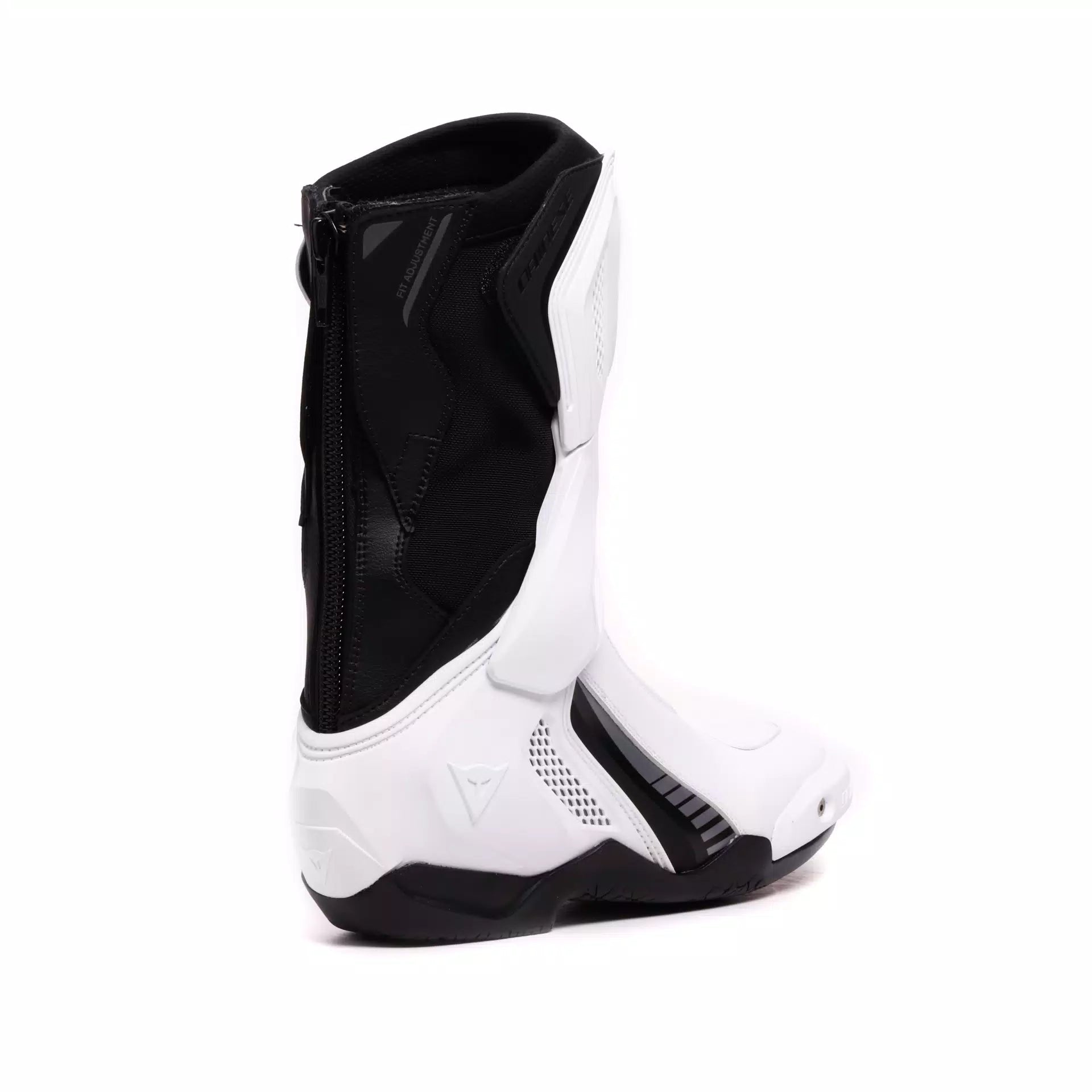 Dainese Nexus 3 black and white racing motorcycle boots with protective armor and sleek design.