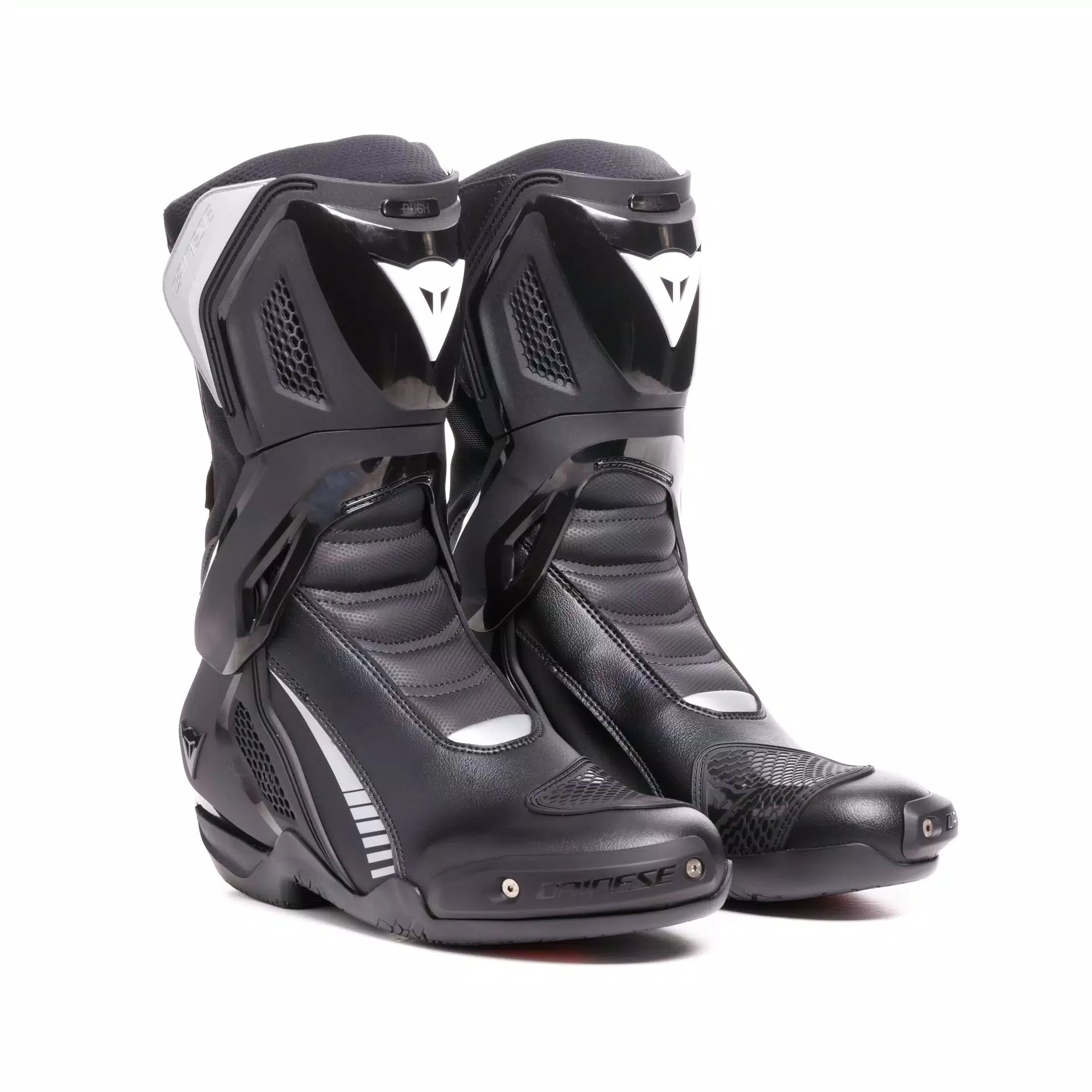 Black Dainese Nexus 3 racing motorcycle boots with protective features and sleek design, perfect for sport riding.