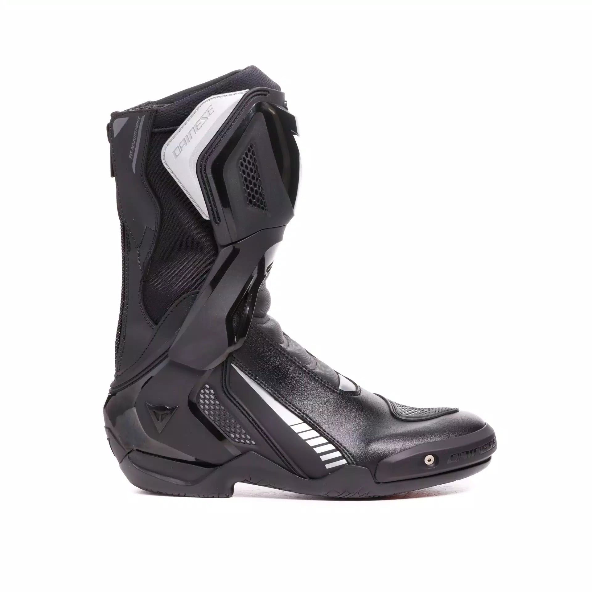 Black Dainese Nexus 3 racing motorcycle boots with protective design and sleek racing style.