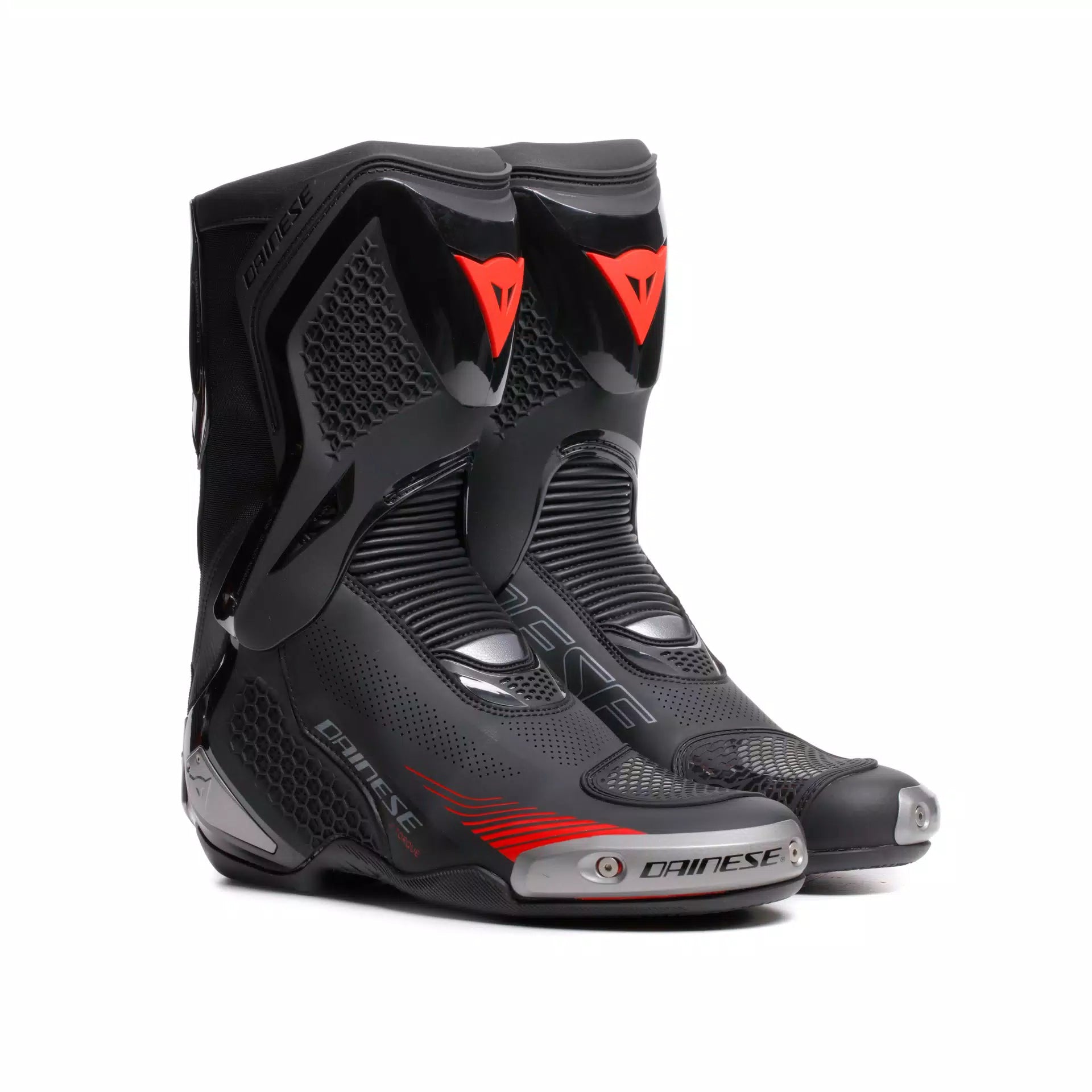 Dainese Torque 4 Air summer motorcycle racing boots in black and red lava, with protective features and racing design.