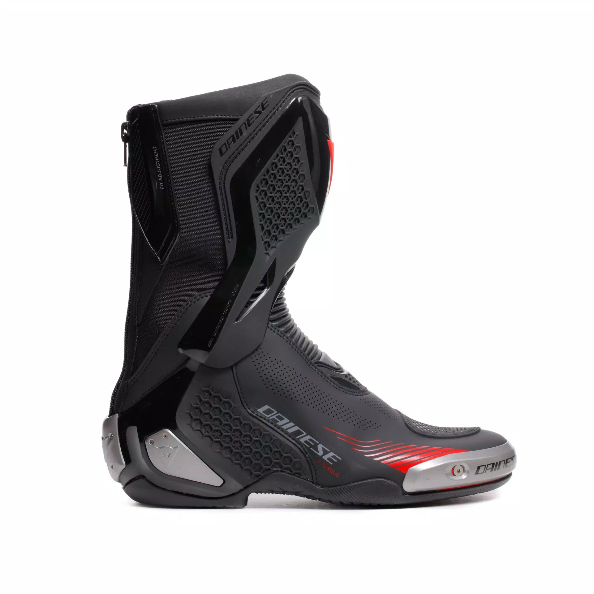 Dainese Torque 4 Air racing summer motorcycle boots in black and red lava, featuring protective design and ventilation for riding comfort.