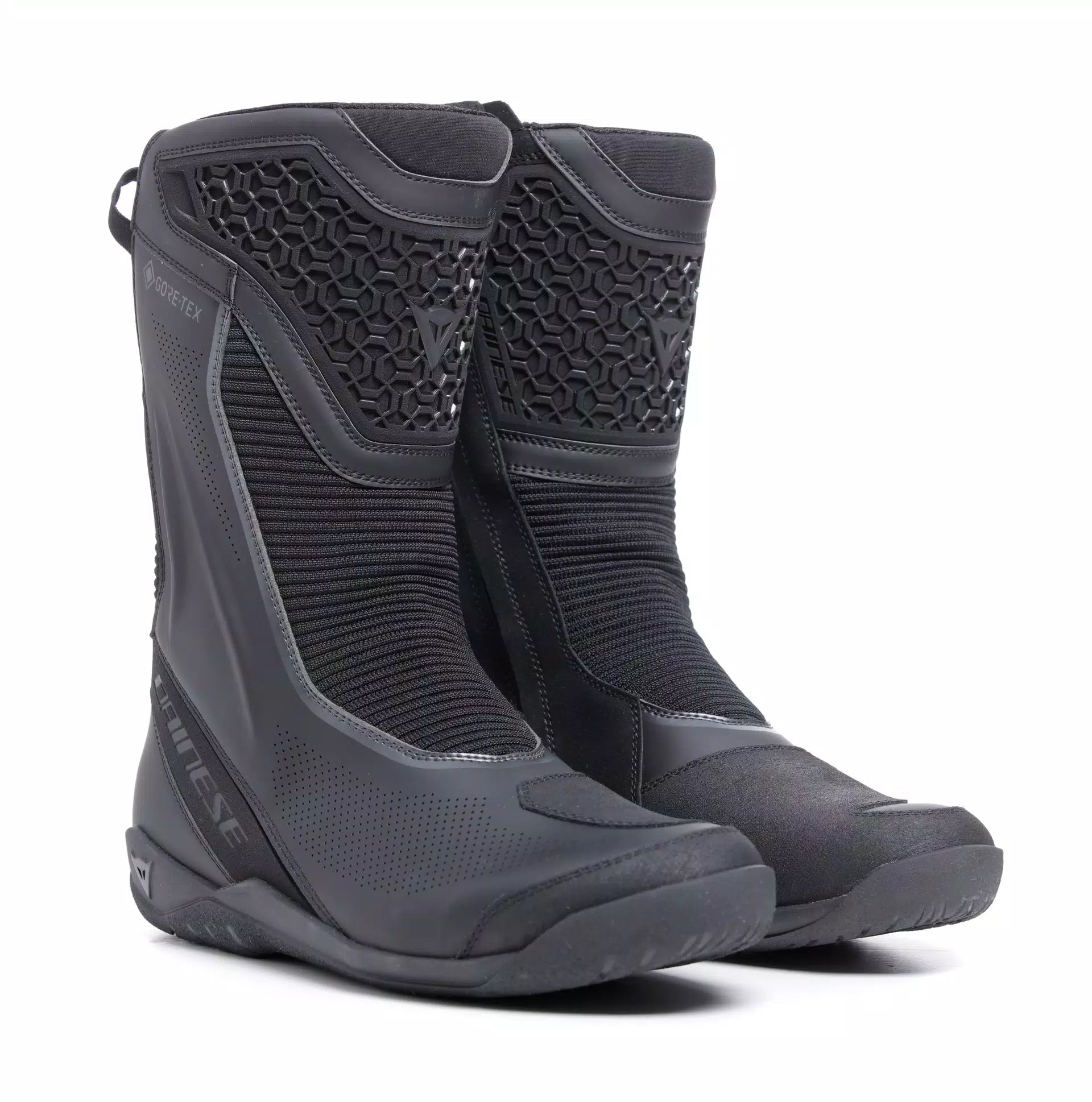 Dainese Freeland 2 waterproof Gore-Tex motorcycle boots with sturdy design and reinforced soles, shown in black.