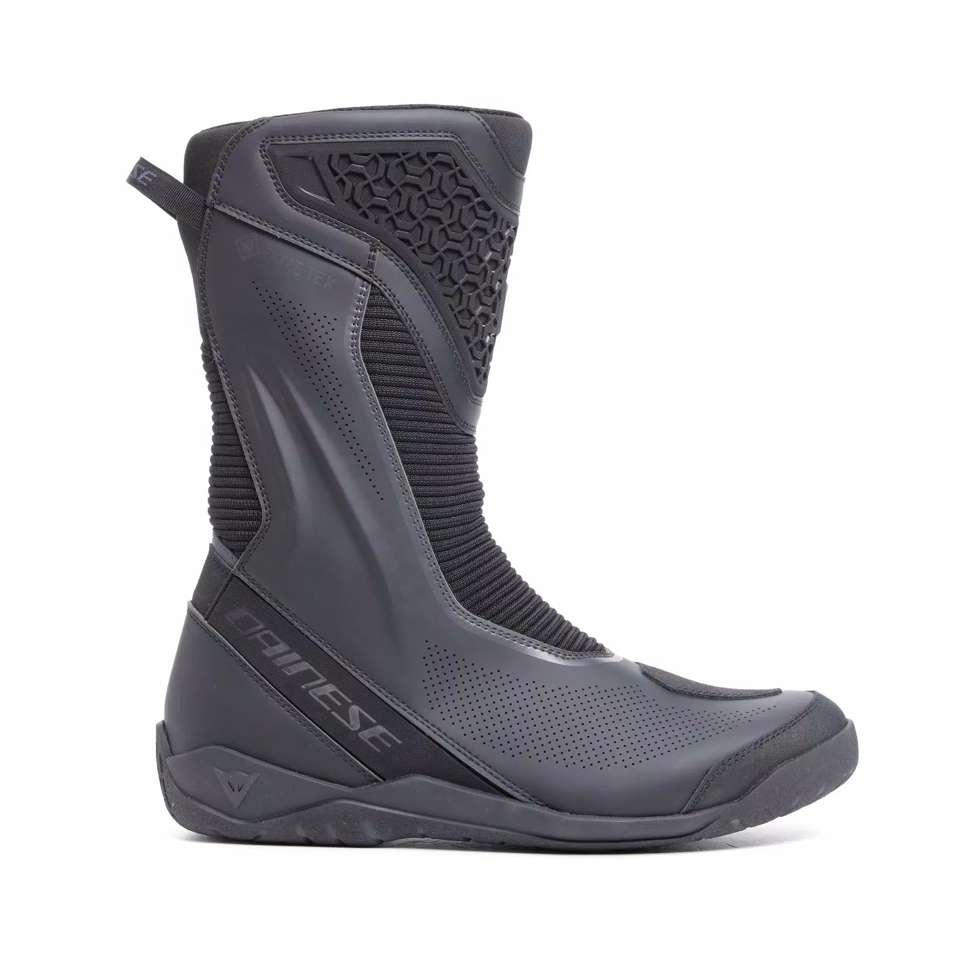Black Dainese Freelander 2 GORE-TEX motorcycle waterproof boots with protective features and sturdy soles.