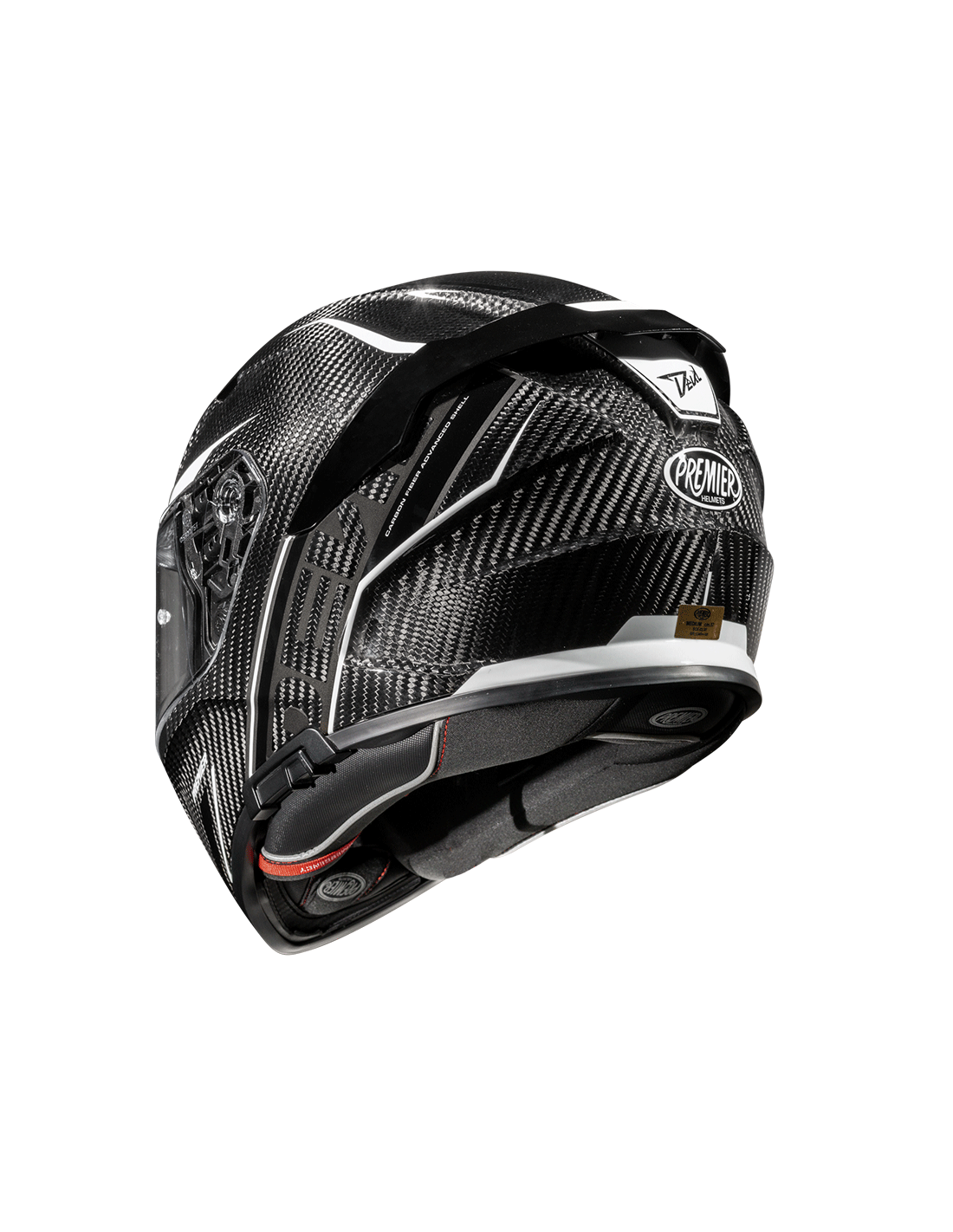 Premier Devil carbon and white full-face motorcycle helmet showcasing sleek design and ventilation features.