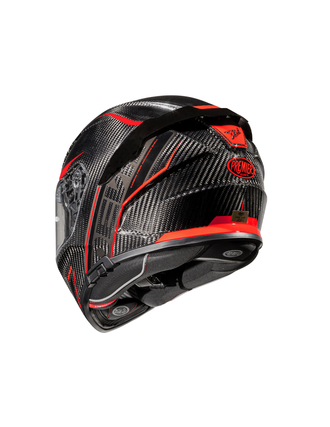 Premier Devil carbon and red full-face motorcycle helmet with a sleek design and ventilation features.