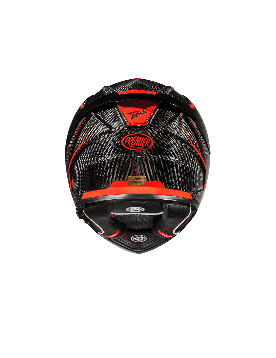 Premier Devil full-face motorcycle helmet in carbon and red with sleek design and ventilation details.