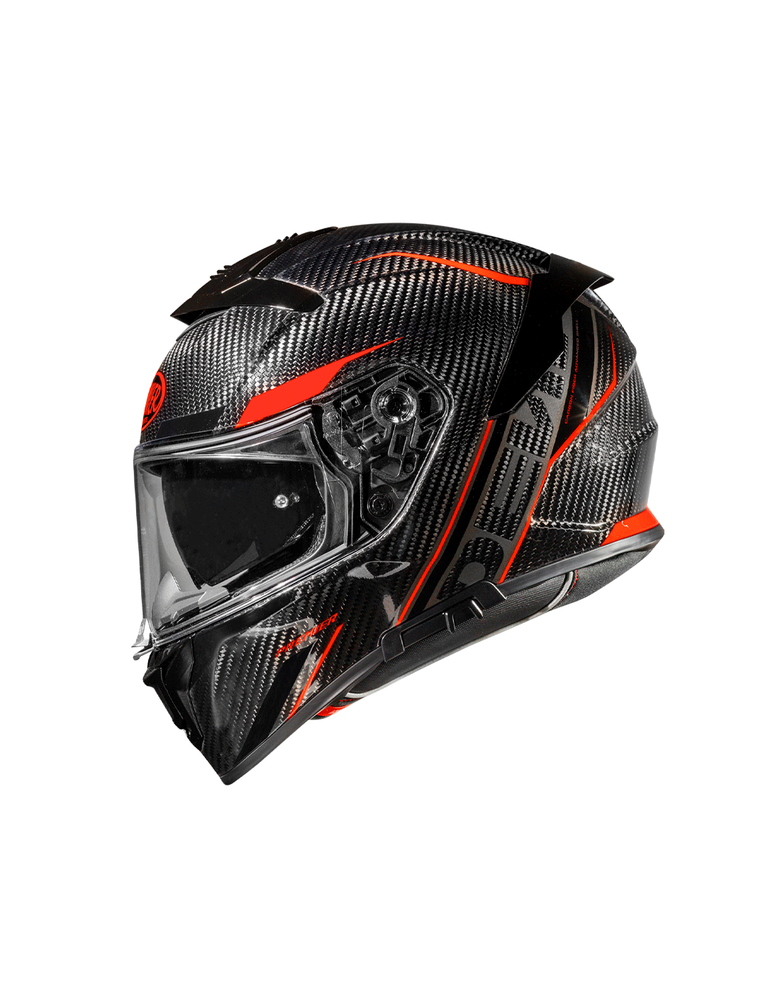 Premier Devil full-face motorcycle helmet in carbon and red, showcasing sleek design and ventilation features.