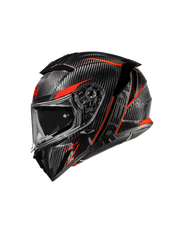 Premier Devil full-face motorcycle helmet in carbon and red, showcasing sleek design and ventilation features.