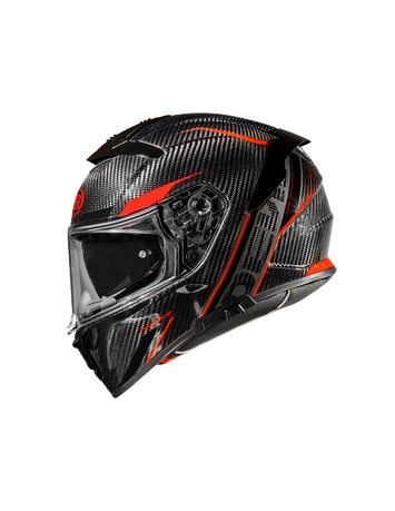 Premier Devil full-face motorcycle helmet in carbon and red, showcasing sleek design and ventilation features.