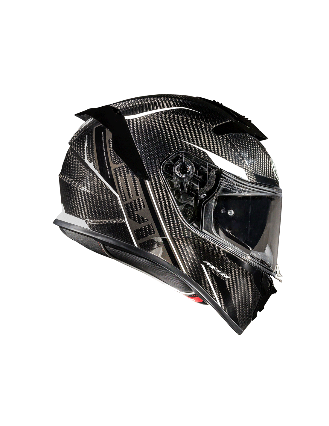 Premier Devil full-face motorcycle helmet in carbon and white design, showcasing sleek lines and ventilation openings.