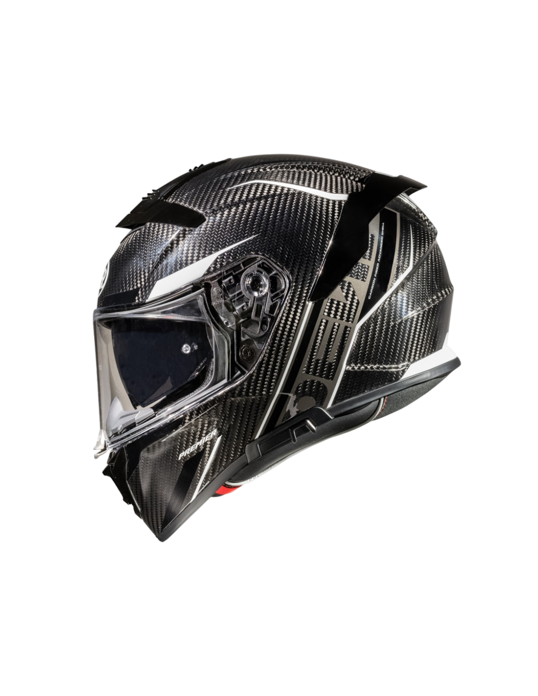 Premier Devil full-face motorcycle helmet in carbon and white, showcasing sleek design and aerodynamic shape.