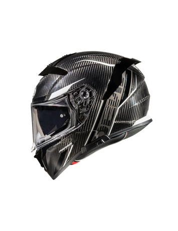 Premier Devil full-face motorcycle helmet in carbon and white, showcasing sleek design and aerodynamic shape.