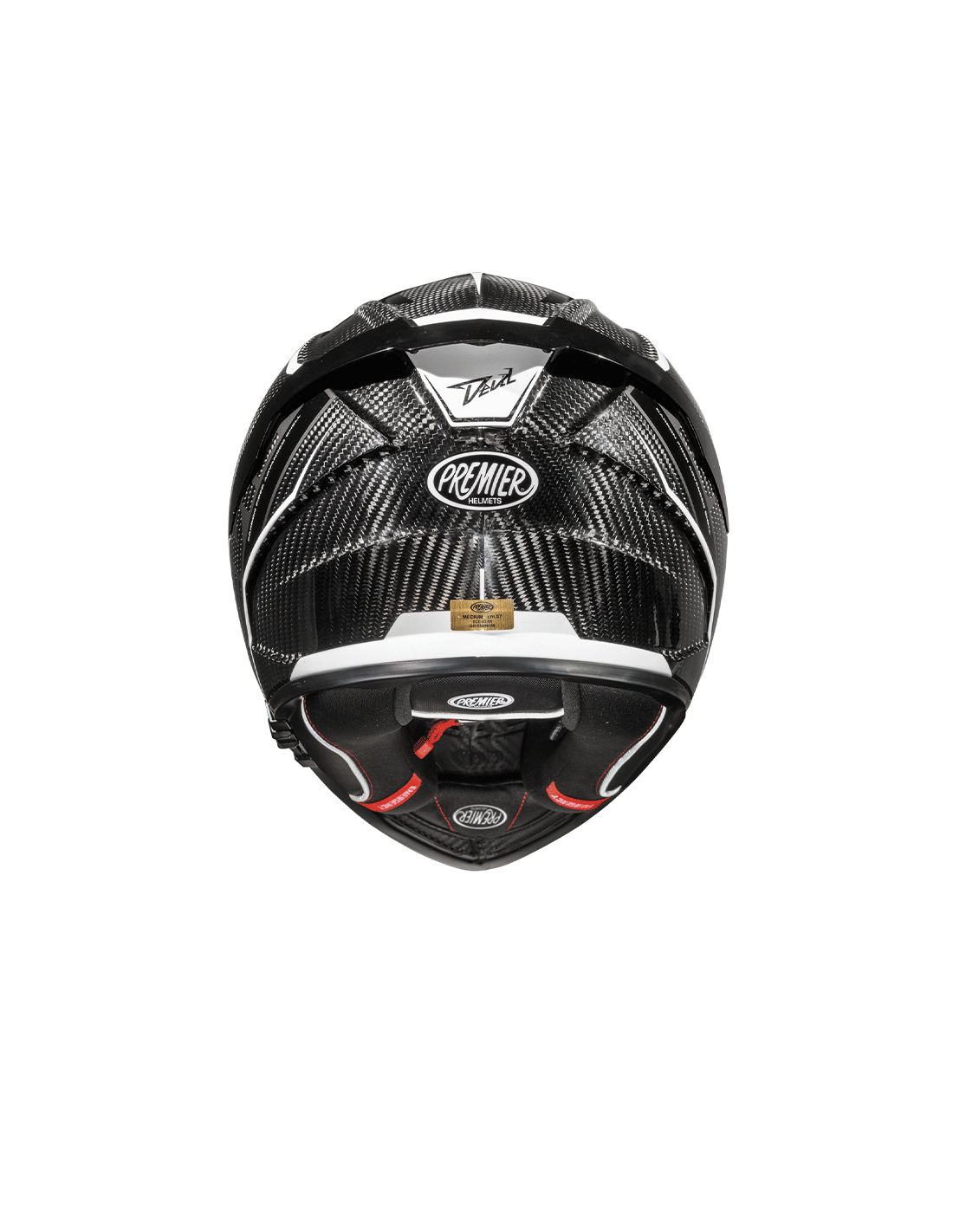 Premier Devil full-face motorcycle helmet in carbon and white with aerodynamic design and ventilation features.