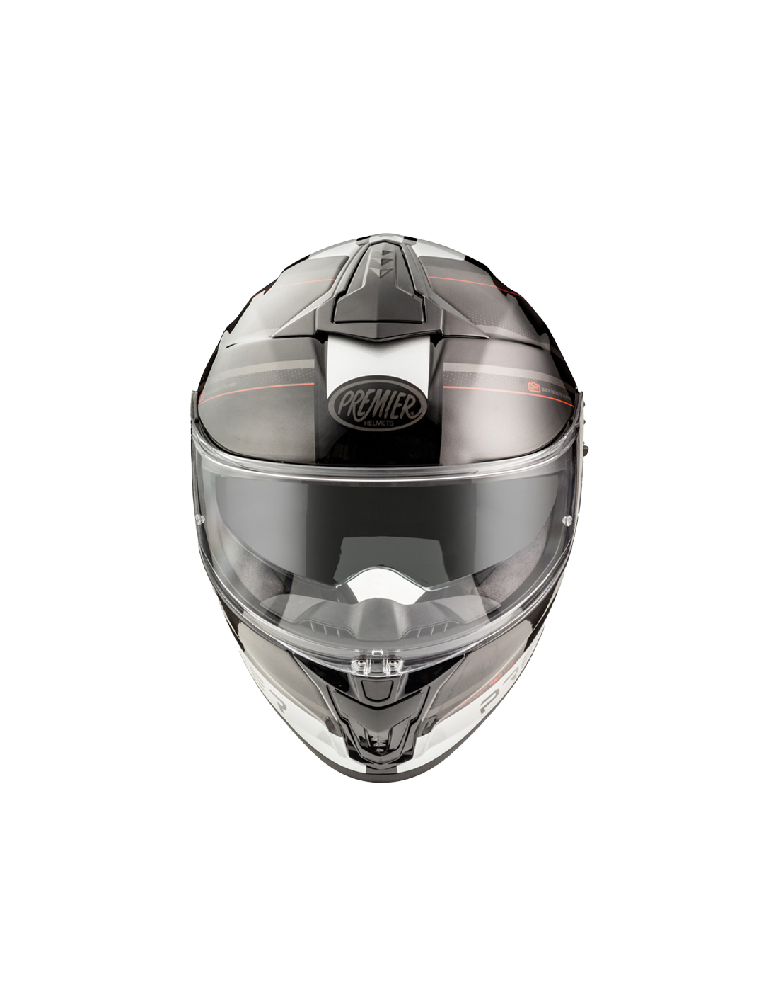 Premier Evoluzione full-face motorcycle helmet in black, grey, and red with sleek design and aerodynamic shape.