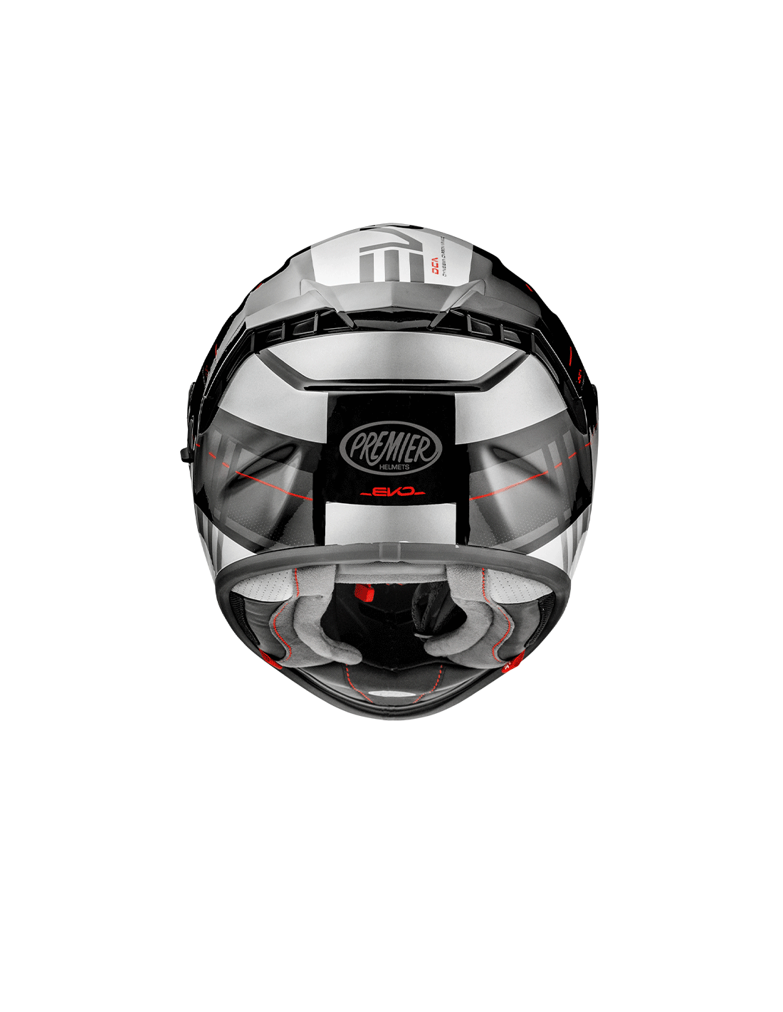Premier Evoluzione full face motorcycle helmet in black, gray, and red with sleek design and ventilation features.