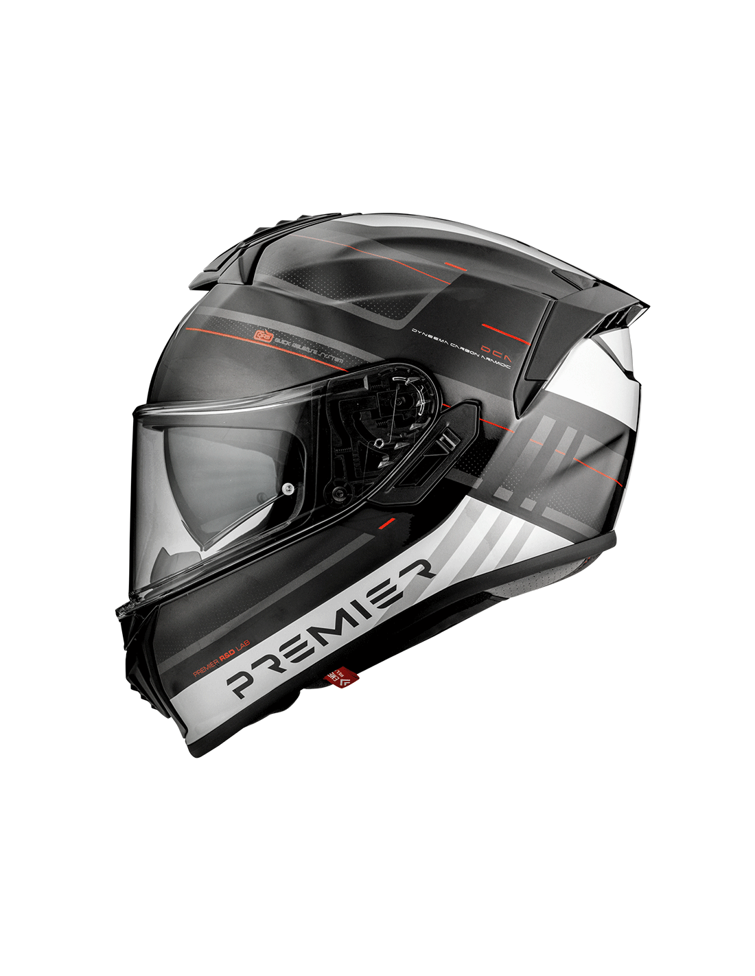 Premier Evoluzione full-face motorcycle helmet in black, grey, and red with sleek design and ventilation features.
