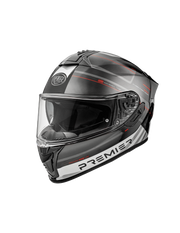 Premier Evoluzione black, grey, and red full-face motorcycle helmet showcasing sleek design and safety features.